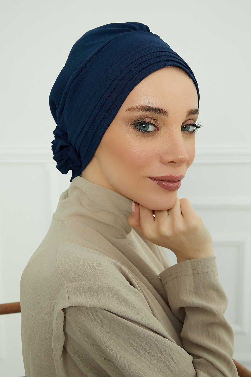 Pleated Instant Turban made from High Quality Aerobin Fabric, Wrinkle-Resistant Stylish Turban Hijab, Easy Wrap Chemo Bonnet Headwear,B-74A Navy Blue