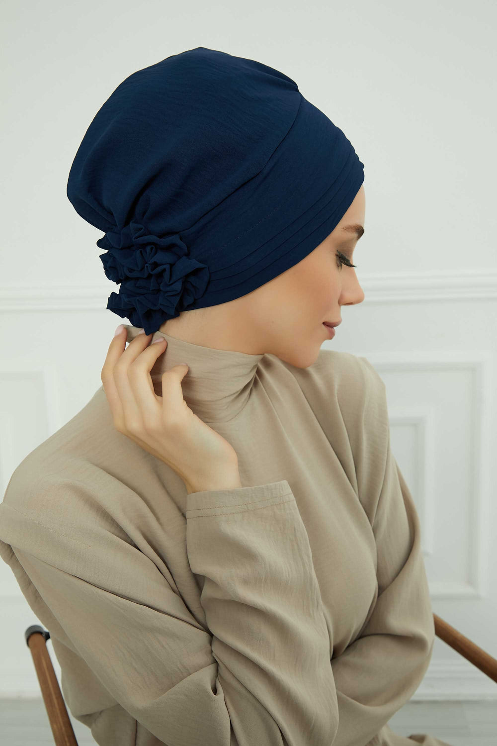 Pleated Instant Turban made from High Quality Aerobin Fabric, Wrinkle-Resistant Stylish Turban Hijab, Easy Wrap Chemo Bonnet Headwear,B-74A Navy Blue
