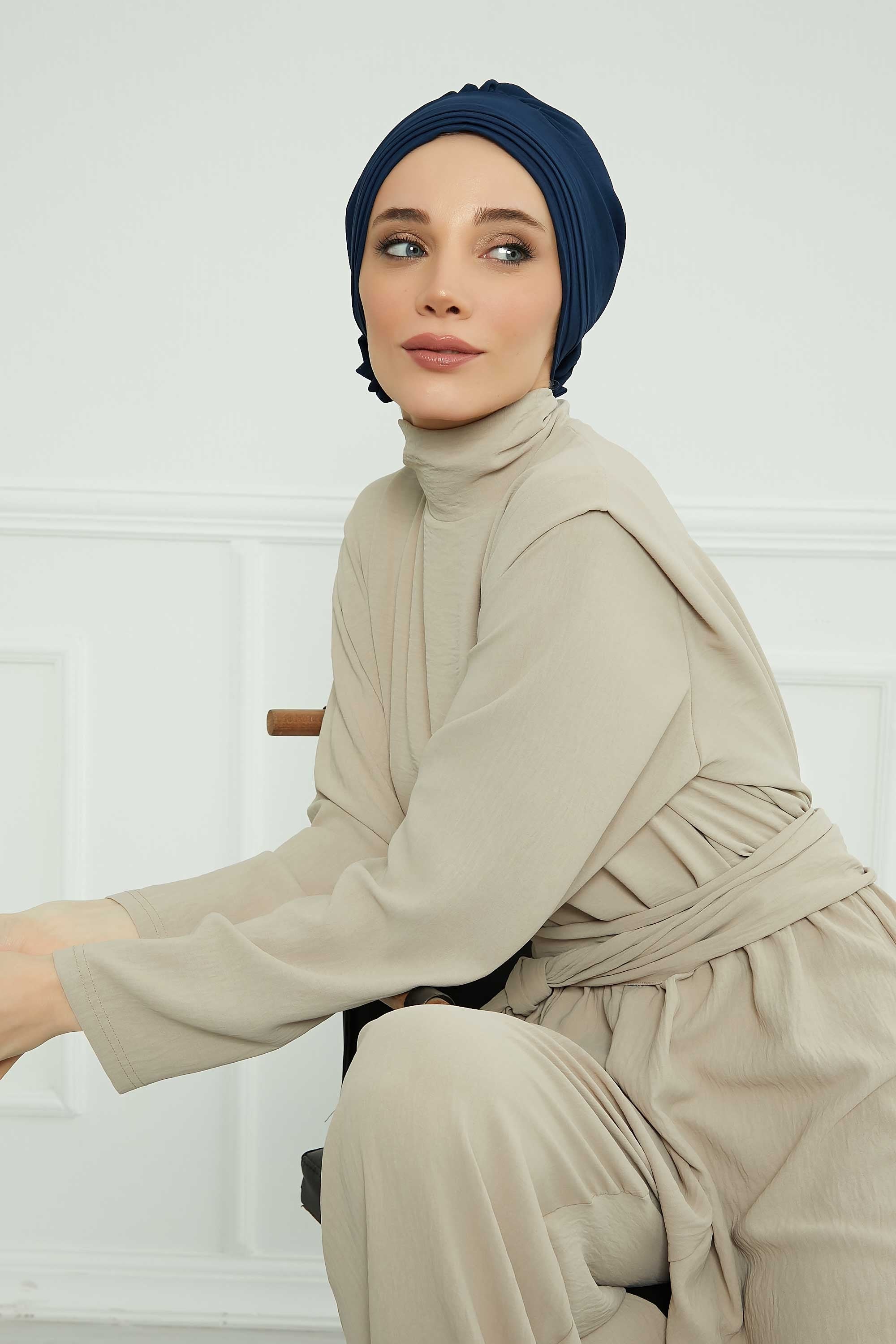 Pleated Instant Turban made from High Quality Aerobin Fabric, Wrinkle-Resistant Stylish Turban Hijab, Easy Wrap Chemo Bonnet Headwear,B-74A Navy Blue