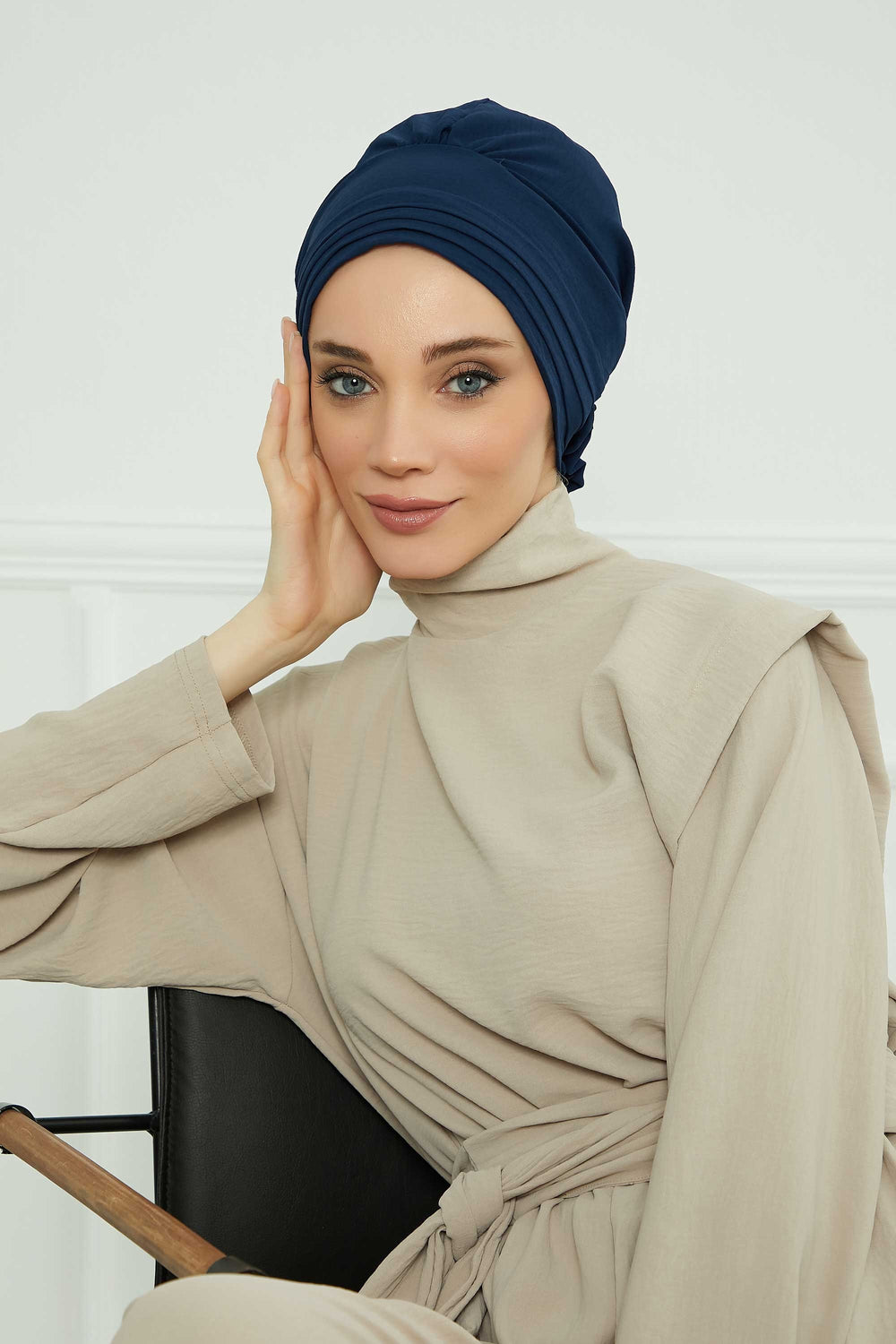 Pleated Instant Turban made from High Quality Aerobin Fabric, Wrinkle-Resistant Stylish Turban Hijab, Easy Wrap Chemo Bonnet Headwear,B-74A Navy Blue