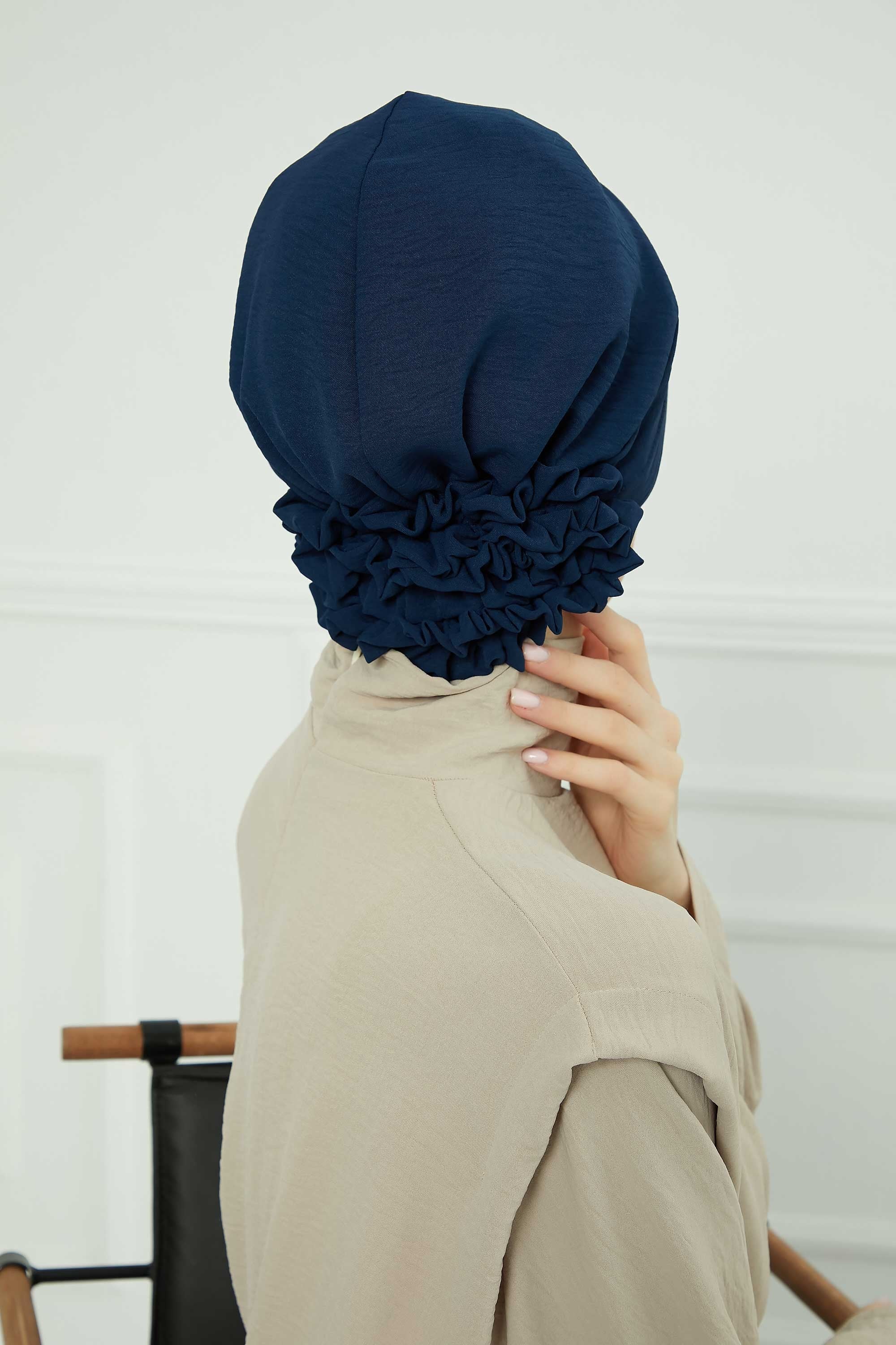 Pleated Instant Turban made from High Quality Aerobin Fabric, Wrinkle-Resistant Stylish Turban Hijab, Easy Wrap Chemo Bonnet Headwear,B-74A Navy Blue