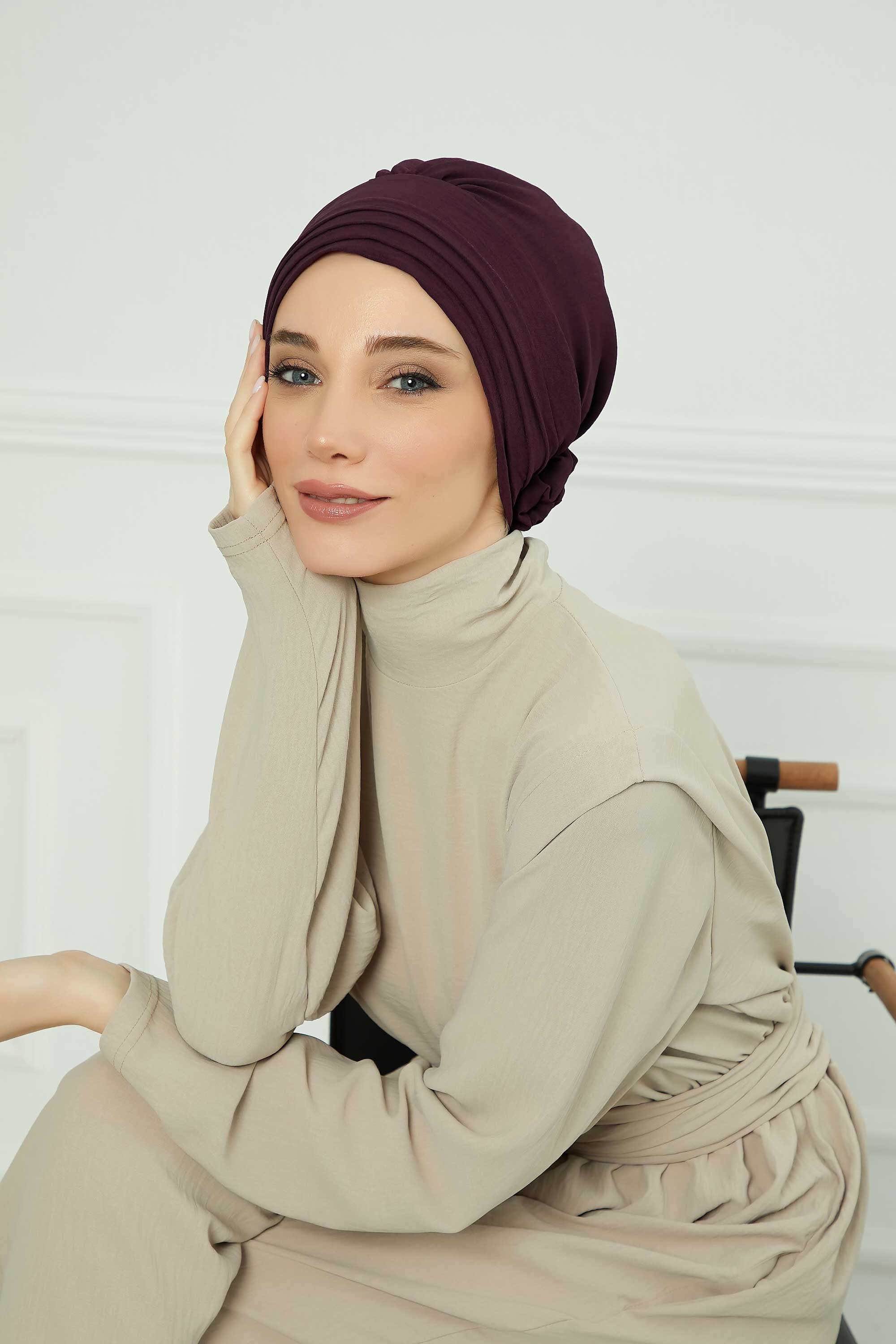 Pleated Instant Turban made from High Quality Aerobin Fabric, Wrinkle-Resistant Stylish Turban Hijab, Easy Wrap Chemo Bonnet Headwear,B-74A Purple