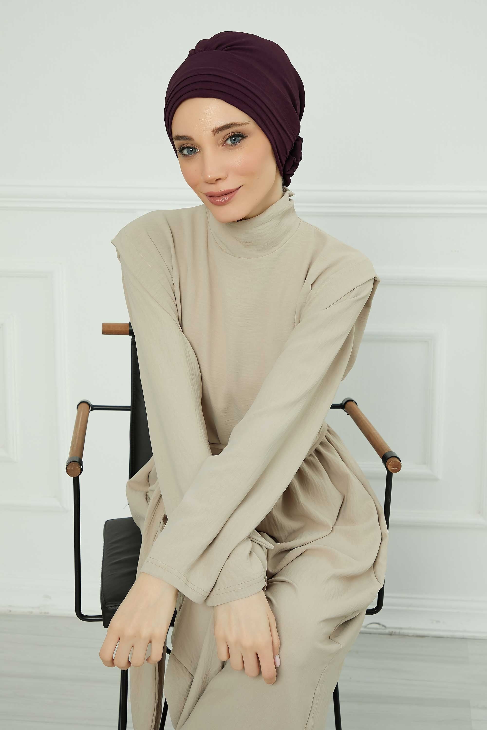 Pleated Instant Turban made from High Quality Aerobin Fabric, Wrinkle-Resistant Stylish Turban Hijab, Easy Wrap Chemo Bonnet Headwear,B-74A Purple