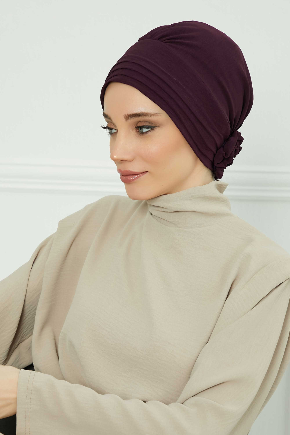Pleated Instant Turban made from High Quality Aerobin Fabric, Wrinkle-Resistant Stylish Turban Hijab, Easy Wrap Chemo Bonnet Headwear,B-74A Purple