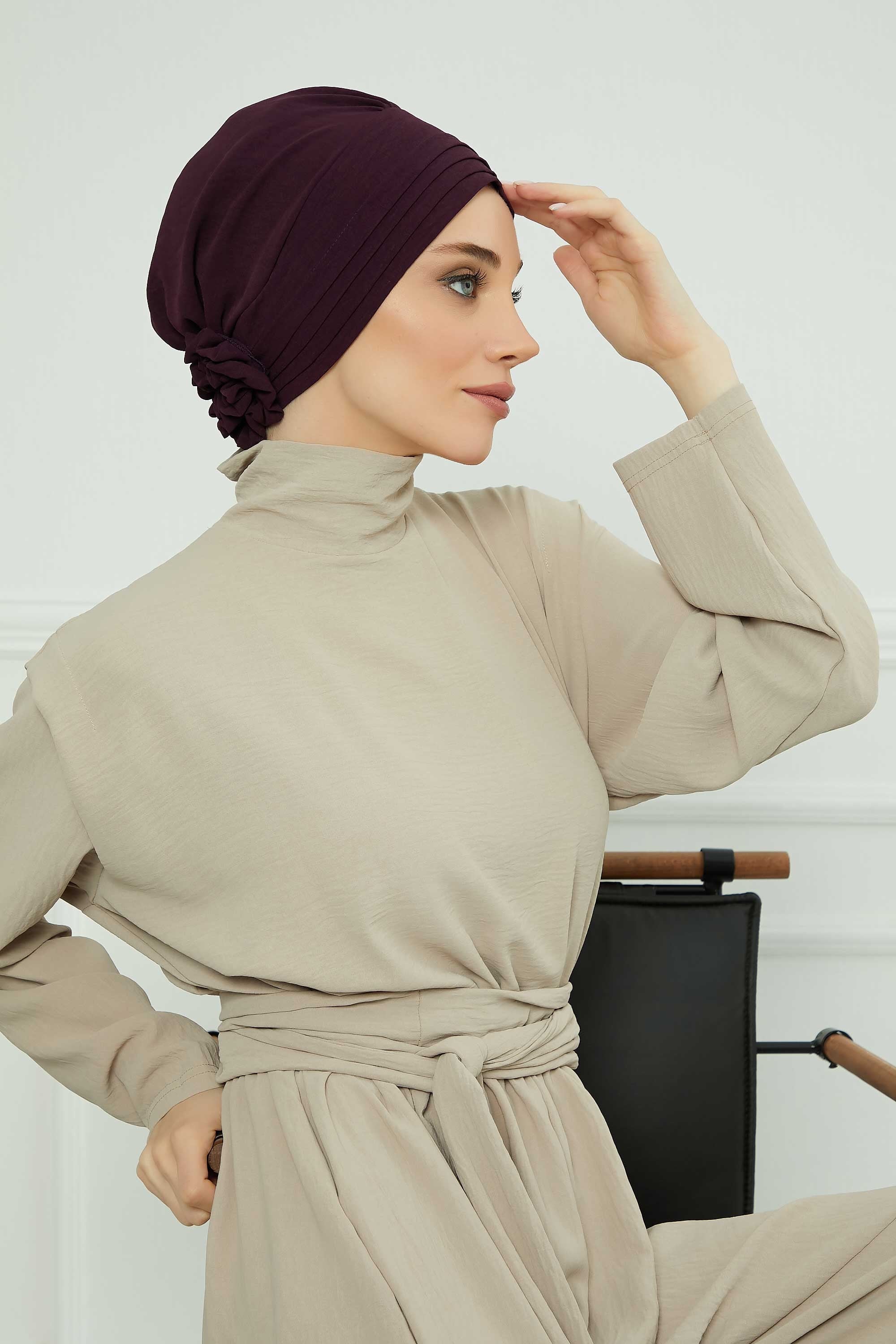 Pleated Instant Turban made from High Quality Aerobin Fabric, Wrinkle-Resistant Stylish Turban Hijab, Easy Wrap Chemo Bonnet Headwear,B-74A Purple