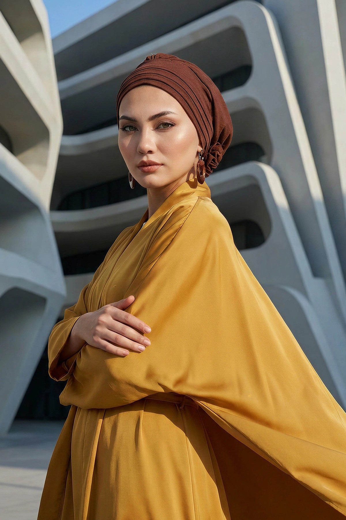Pleated Instant Turban made from High Quality Aerobin Fabric, Wrinkle-Resistant Stylish Turban Hijab, Easy Wrap Chemo Bonnet Headwear,B-74A Brown