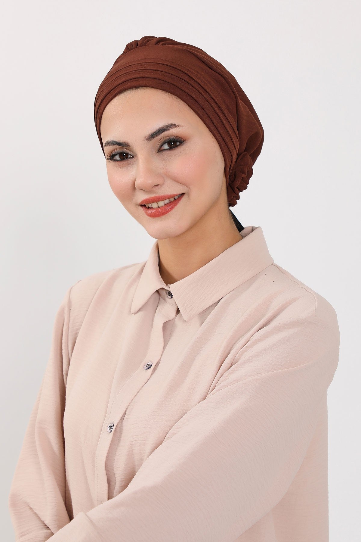 Pleated Instant Turban made from High Quality Aerobin Fabric, Wrinkle-Resistant Stylish Turban Hijab, Easy Wrap Chemo Bonnet Headwear,B-74A Brown