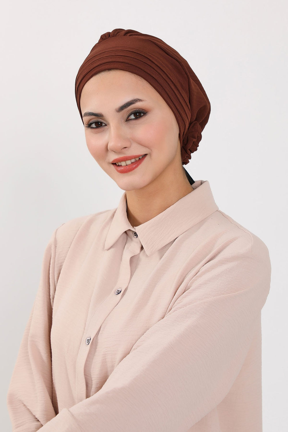 Pleated Instant Turban made from High Quality Aerobin Fabric, Wrinkle-Resistant Stylish Turban Hijab, Easy Wrap Chemo Bonnet Headwear,B-74A Brown