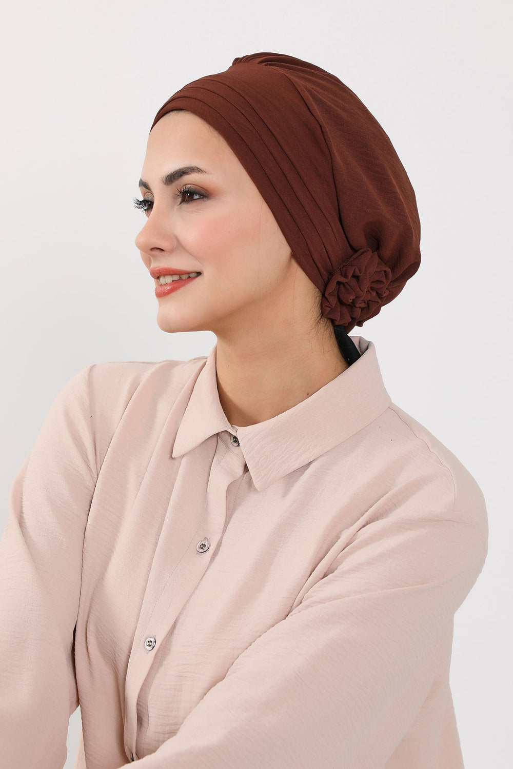 Pleated Instant Turban made from High Quality Aerobin Fabric, Wrinkle-Resistant Stylish Turban Hijab, Easy Wrap Chemo Bonnet Headwear,B-74A Brown