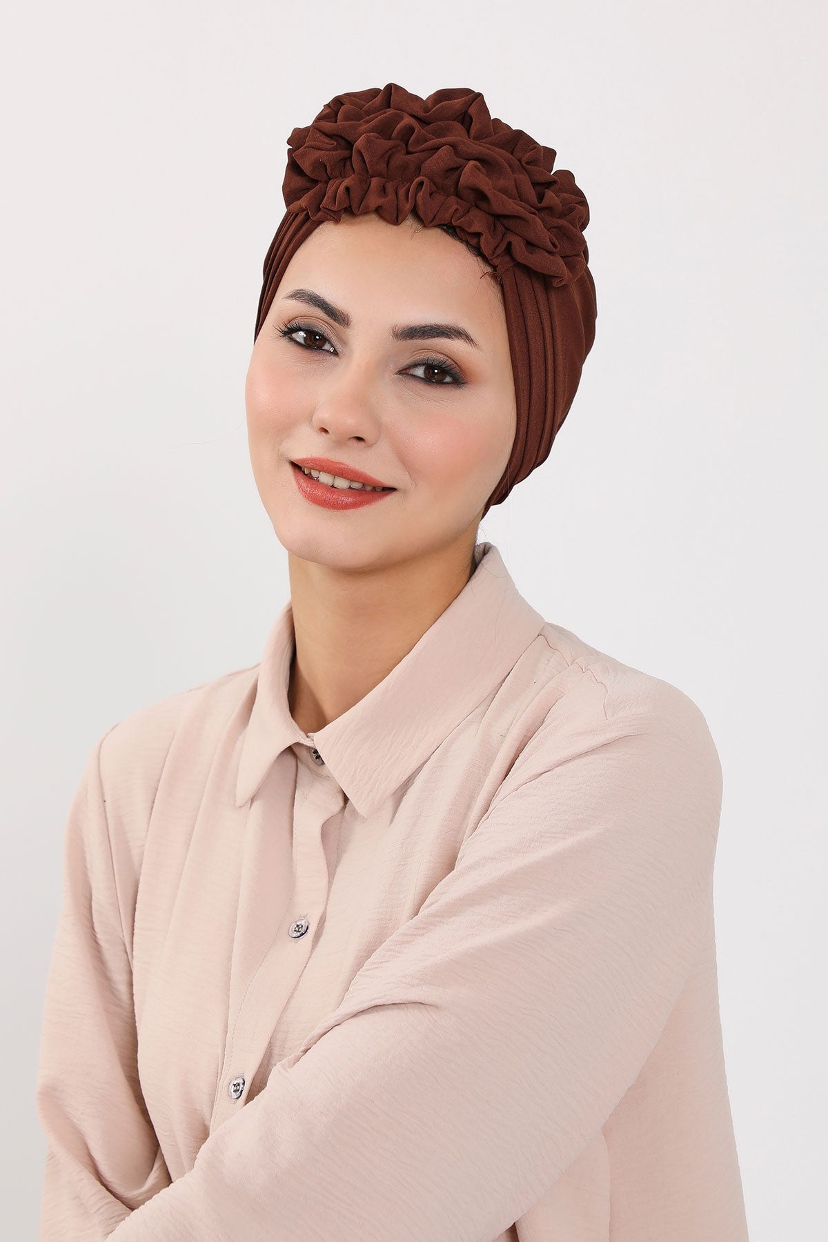 Pleated Instant Turban made from High Quality Aerobin Fabric, Wrinkle-Resistant Stylish Turban Hijab, Easy Wrap Chemo Bonnet Headwear,B-74A Brown