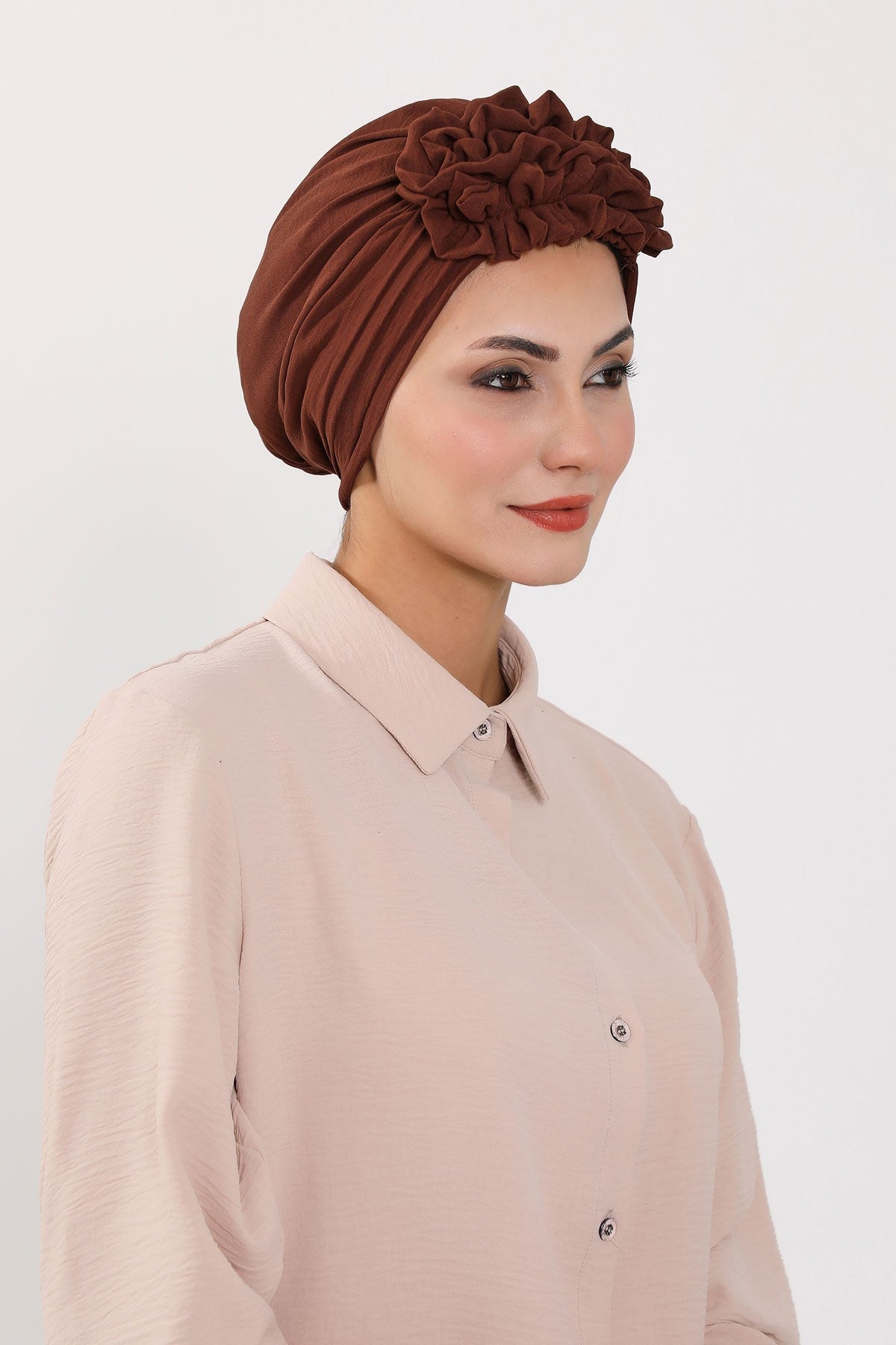 Pleated Instant Turban made from High Quality Aerobin Fabric, Wrinkle-Resistant Stylish Turban Hijab, Easy Wrap Chemo Bonnet Headwear,B-74A Brown