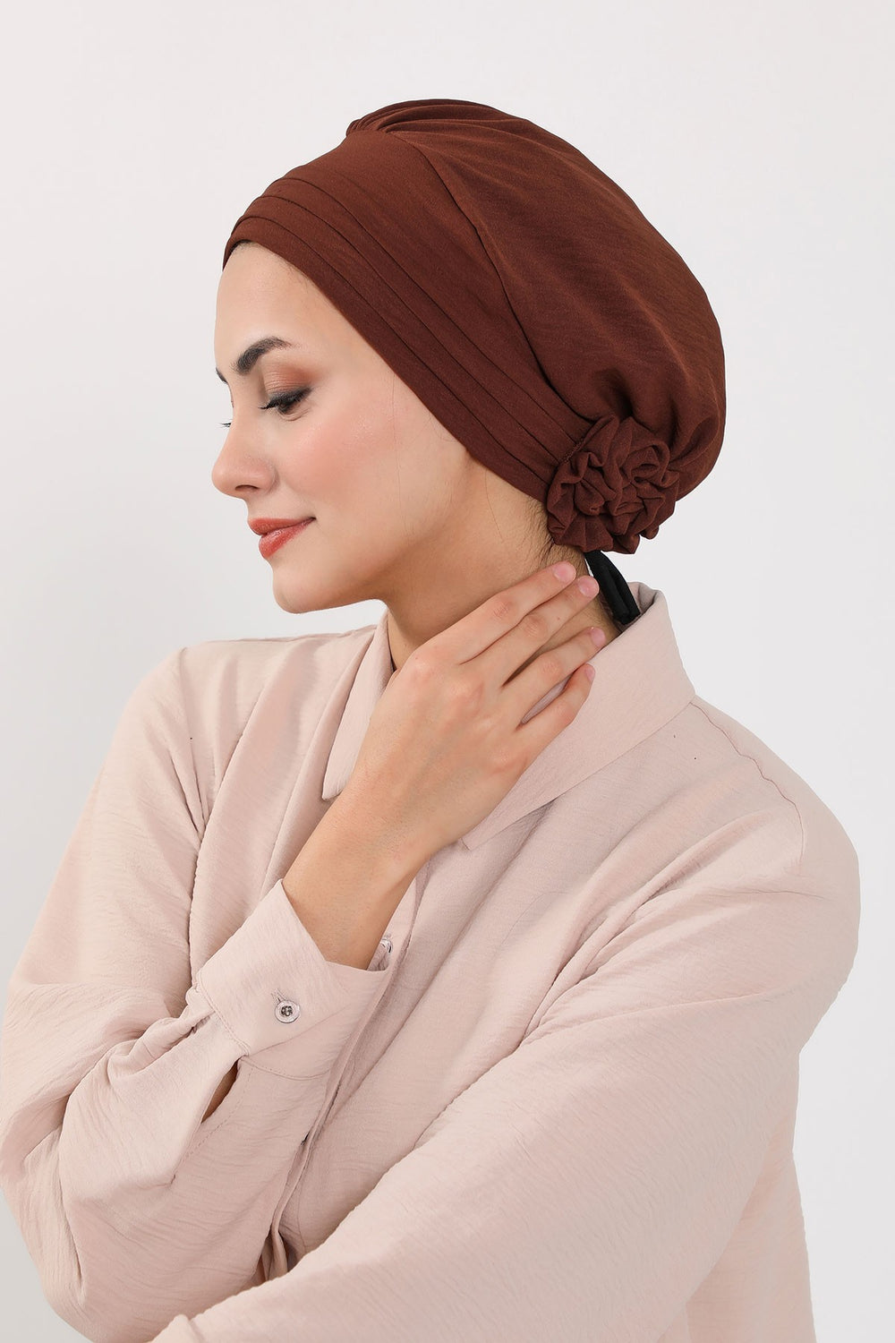 Pleated Instant Turban made from High Quality Aerobin Fabric, Wrinkle-Resistant Stylish Turban Hijab, Easy Wrap Chemo Bonnet Headwear,B-74A Brown