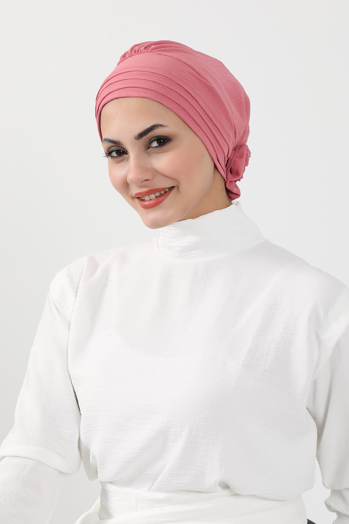 Pleated Instant Turban made from High Quality Aerobin Fabric, Wrinkle-Resistant Stylish Turban Hijab, Easy Wrap Chemo Bonnet Headwear,B-74A Dark Pink