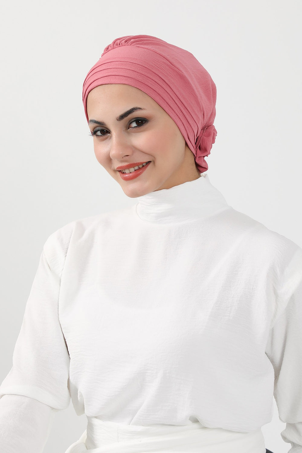 Pleated Instant Turban made from High Quality Aerobin Fabric, Wrinkle-Resistant Stylish Turban Hijab, Easy Wrap Chemo Bonnet Headwear,B-74A Dark Pink