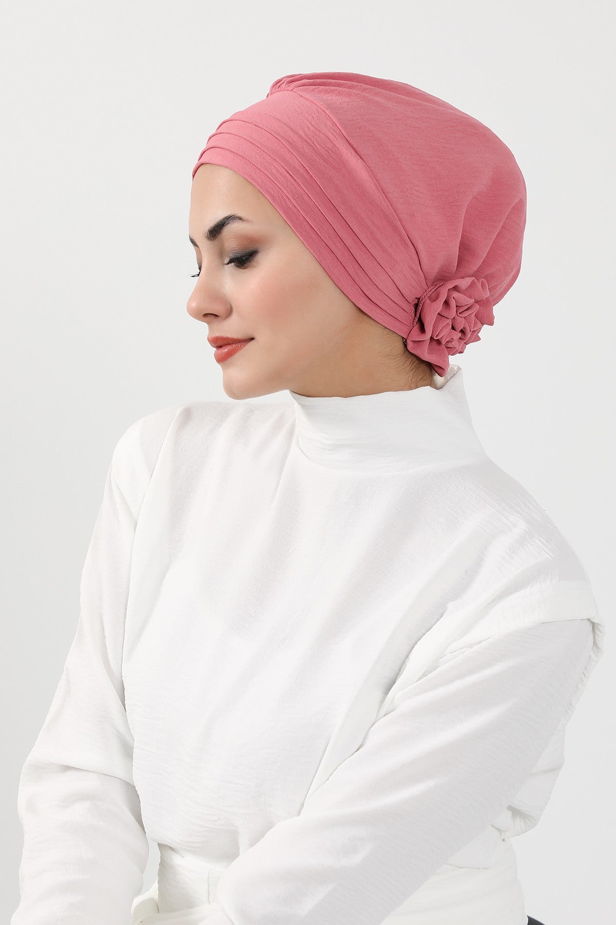 Pleated Instant Turban made from High Quality Aerobin Fabric, Wrinkle-Resistant Stylish Turban Hijab, Easy Wrap Chemo Bonnet Headwear,B-74A Dark Pink