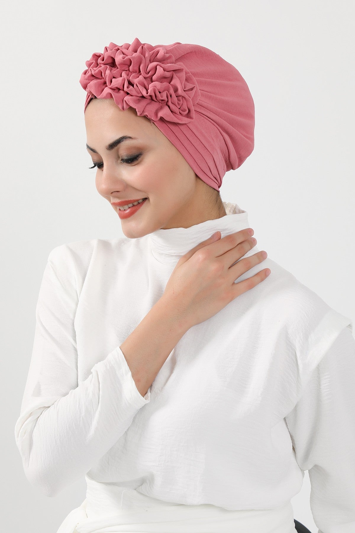 Pleated Instant Turban made from High Quality Aerobin Fabric, Wrinkle-Resistant Stylish Turban Hijab, Easy Wrap Chemo Bonnet Headwear,B-74A Dark Pink