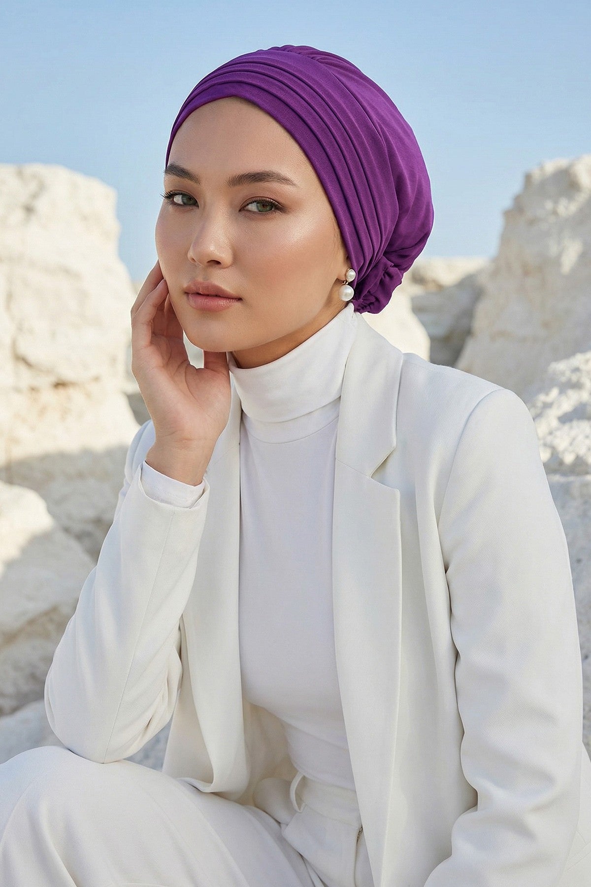 Pleated Instant Turban made from High Quality Aerobin Fabric, Wrinkle-Resistant Stylish Turban Hijab, Easy Wrap Chemo Bonnet Headwear,B-74A Purple 2