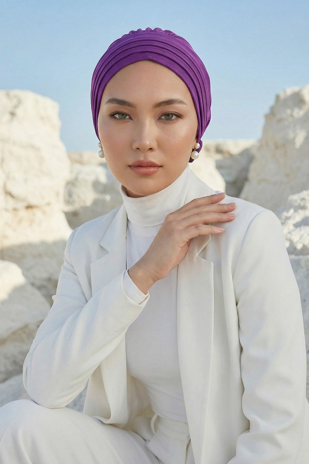 Pleated Instant Turban made from High Quality Aerobin Fabric, Wrinkle-Resistant Stylish Turban Hijab, Easy Wrap Chemo Bonnet Headwear,B-74A Purple 2