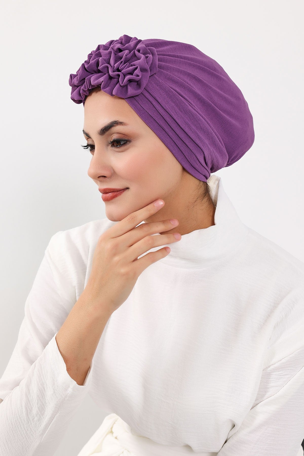 Pleated Instant Turban made from High Quality Aerobin Fabric, Wrinkle-Resistant Stylish Turban Hijab, Easy Wrap Chemo Bonnet Headwear,B-74A Purple 2