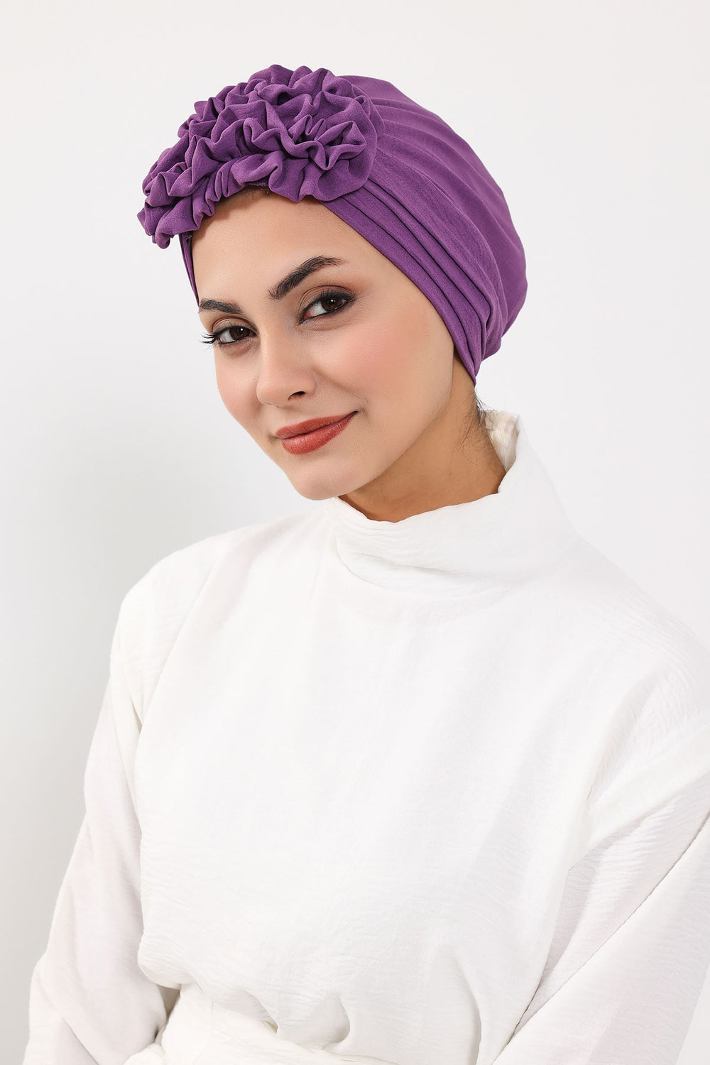 Pleated Instant Turban made from High Quality Aerobin Fabric, Wrinkle-Resistant Stylish Turban Hijab, Easy Wrap Chemo Bonnet Headwear,B-74A Purple 2