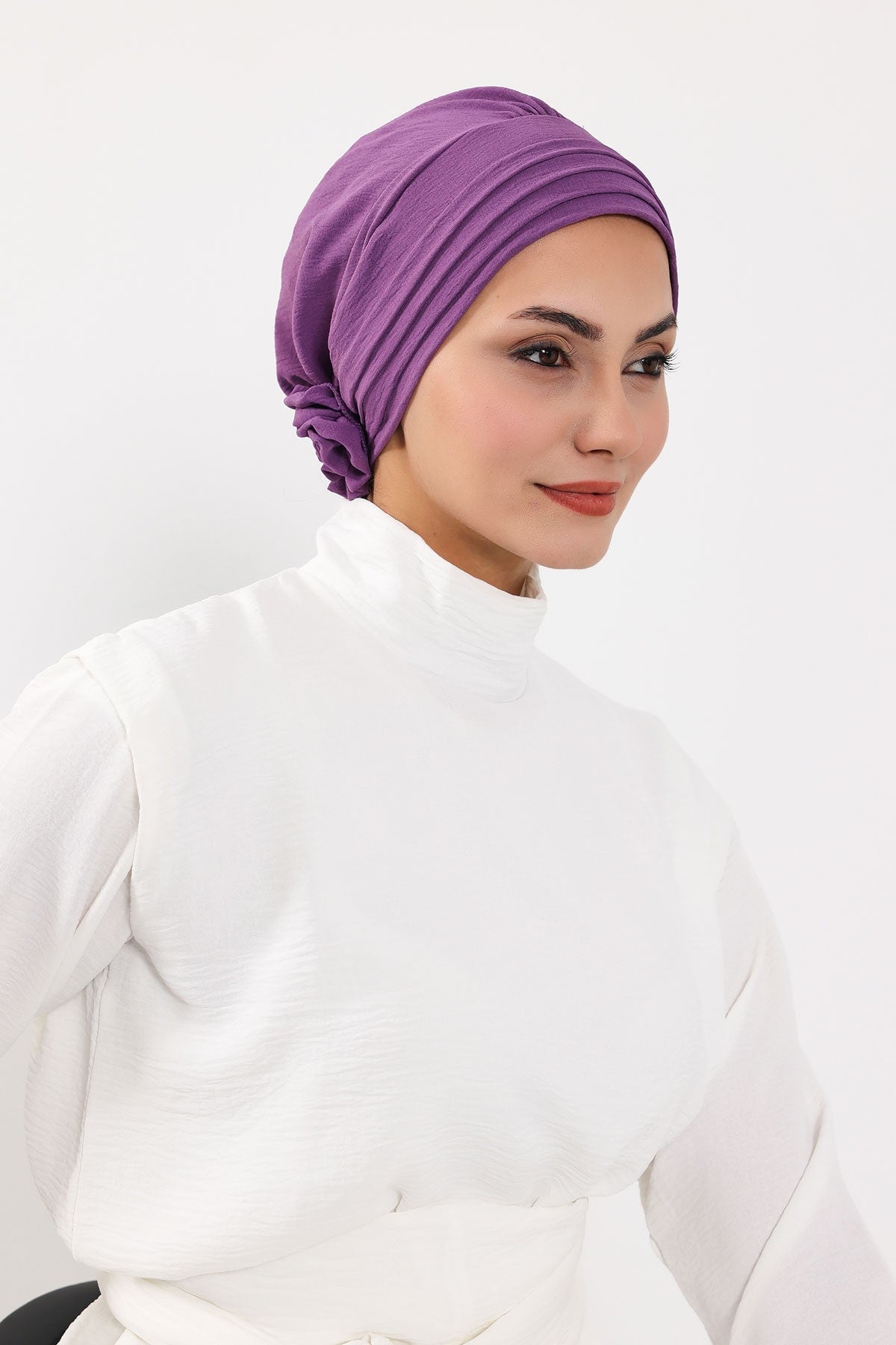 Pleated Instant Turban made from High Quality Aerobin Fabric, Wrinkle-Resistant Stylish Turban Hijab, Easy Wrap Chemo Bonnet Headwear,B-74A Purple 2