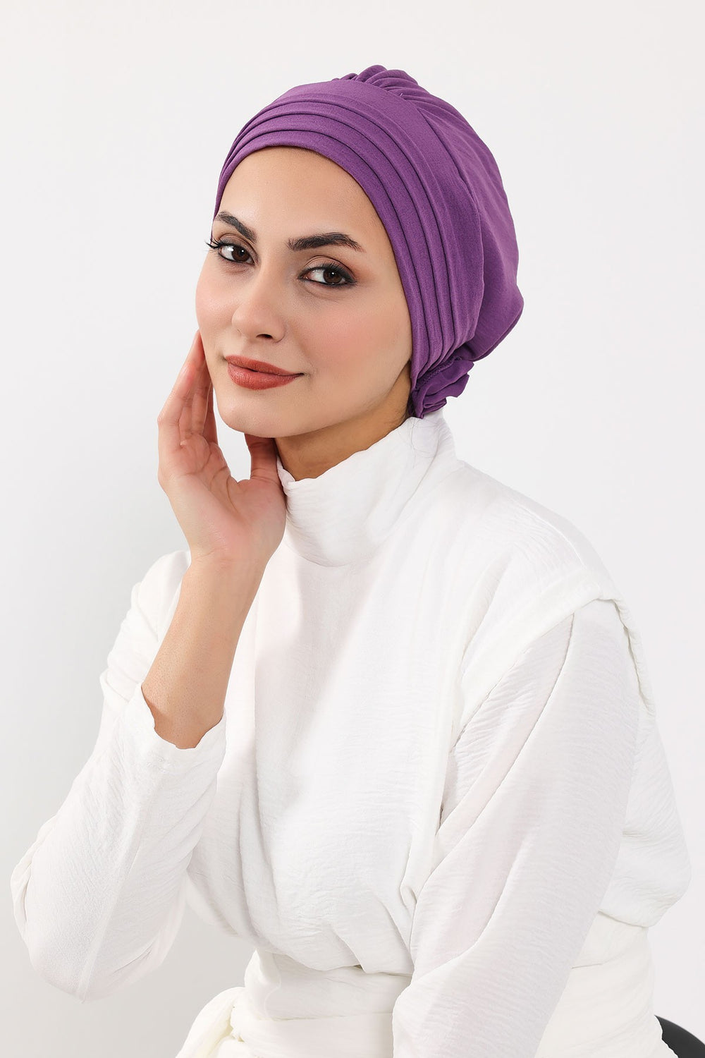 Pleated Instant Turban made from High Quality Aerobin Fabric, Wrinkle-Resistant Stylish Turban Hijab, Easy Wrap Chemo Bonnet Headwear,B-74A Purple 2