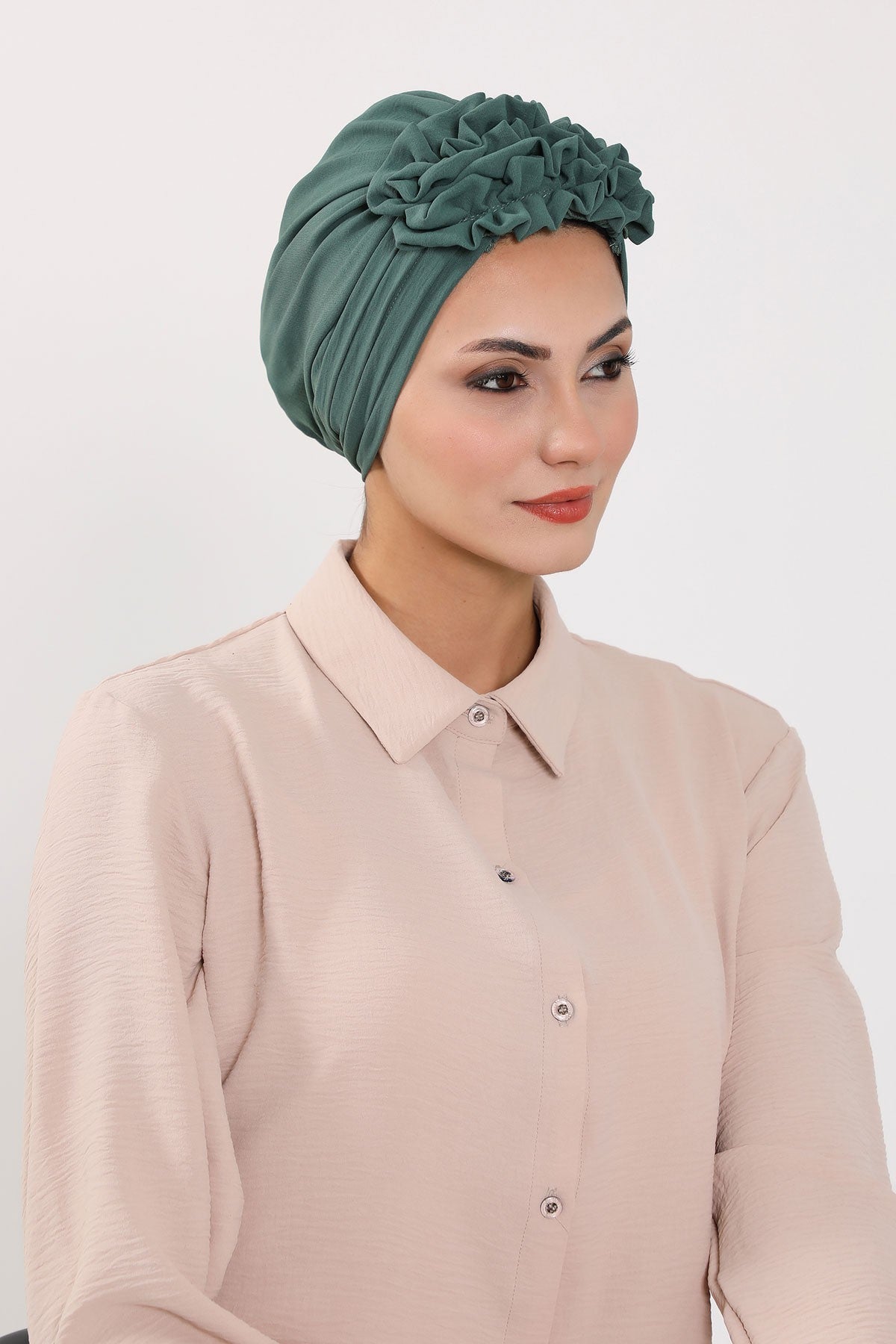 Pleated Instant Turban made from High Quality Aerobin Fabric, Wrinkle-Resistant Stylish Turban Hijab, Easy Wrap Chemo Bonnet Headwear,B-74A Light Green