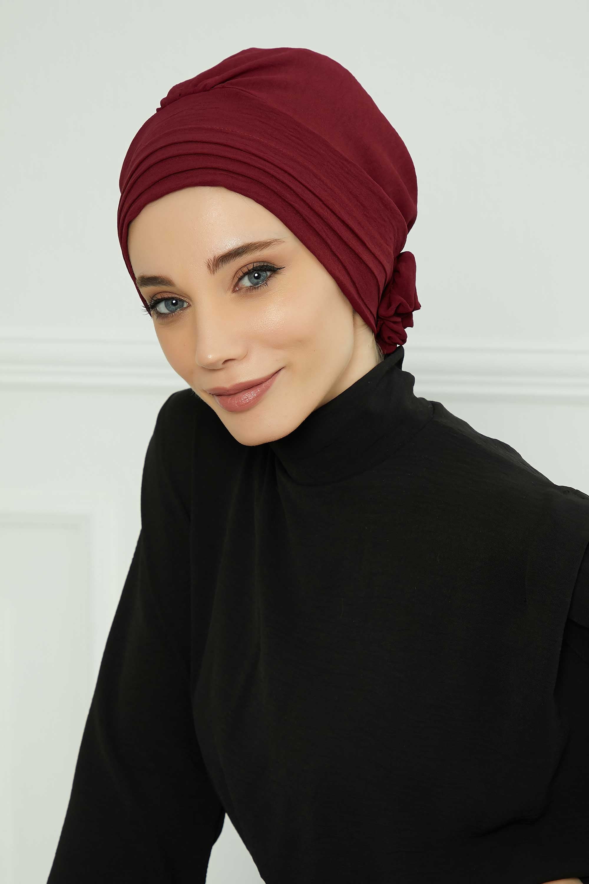 Pleated Instant Turban made from High Quality Aerobin Fabric, Wrinkle-Resistant Stylish Turban Hijab, Easy Wrap Chemo Bonnet Headwear,B-74A Maroon