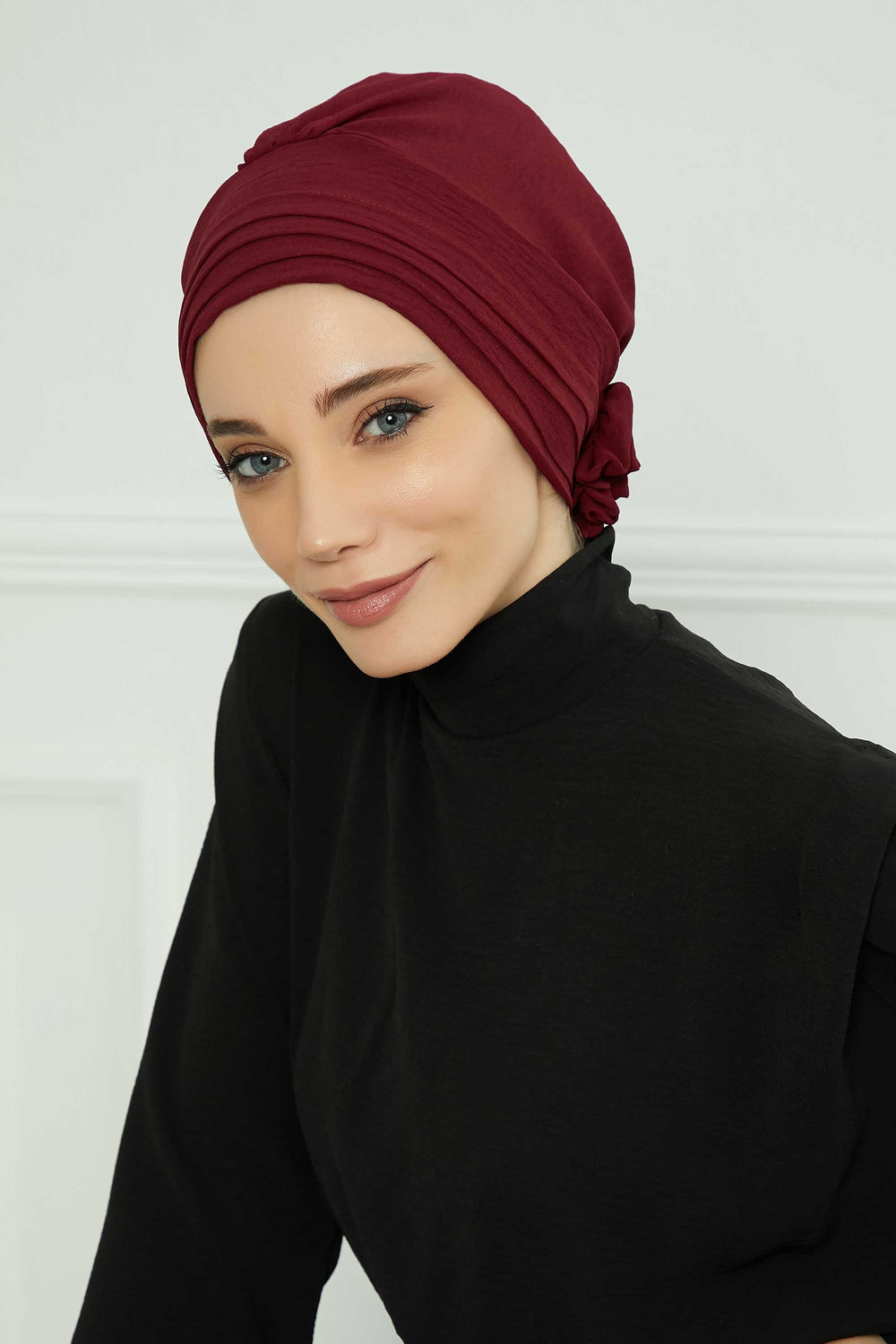 Pleated Instant Turban made from High Quality Aerobin Fabric, Wrinkle-Resistant Stylish Turban Hijab, Easy Wrap Chemo Bonnet Headwear,B-74A Maroon