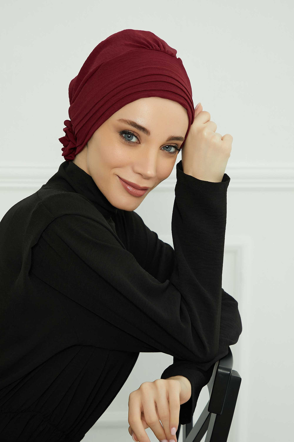 Pleated Instant Turban made from High Quality Aerobin Fabric, Wrinkle-Resistant Stylish Turban Hijab, Easy Wrap Chemo Bonnet Headwear,B-74A Maroon