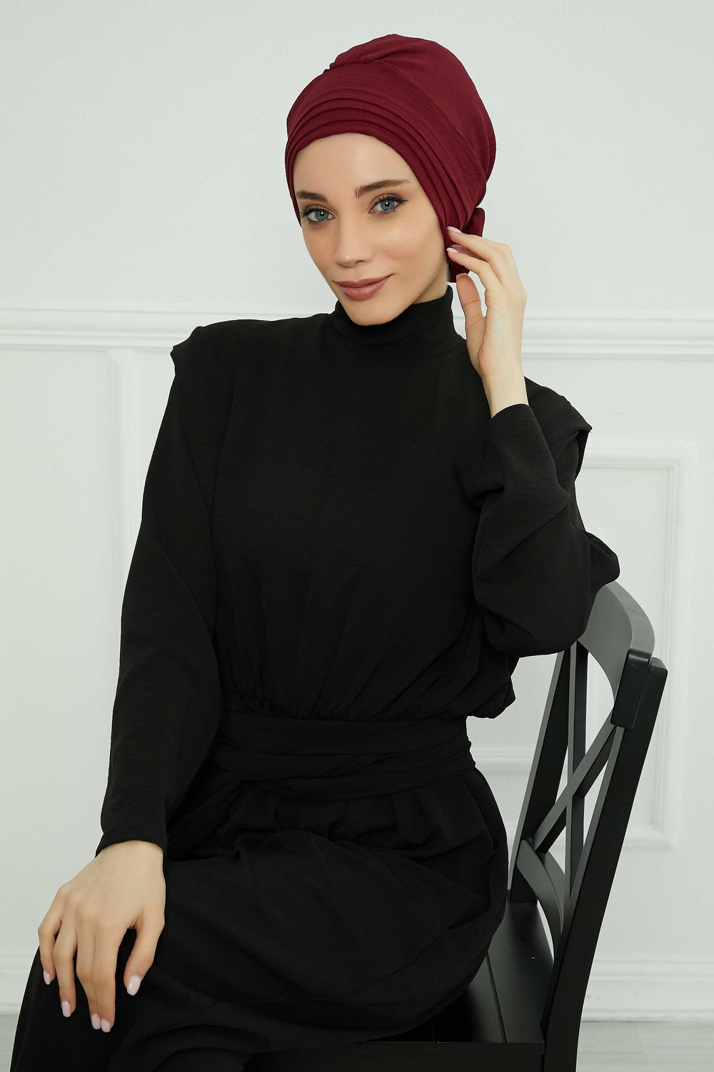 Pleated Instant Turban made from High Quality Aerobin Fabric, Wrinkle-Resistant Stylish Turban Hijab, Easy Wrap Chemo Bonnet Headwear,B-74A Maroon
