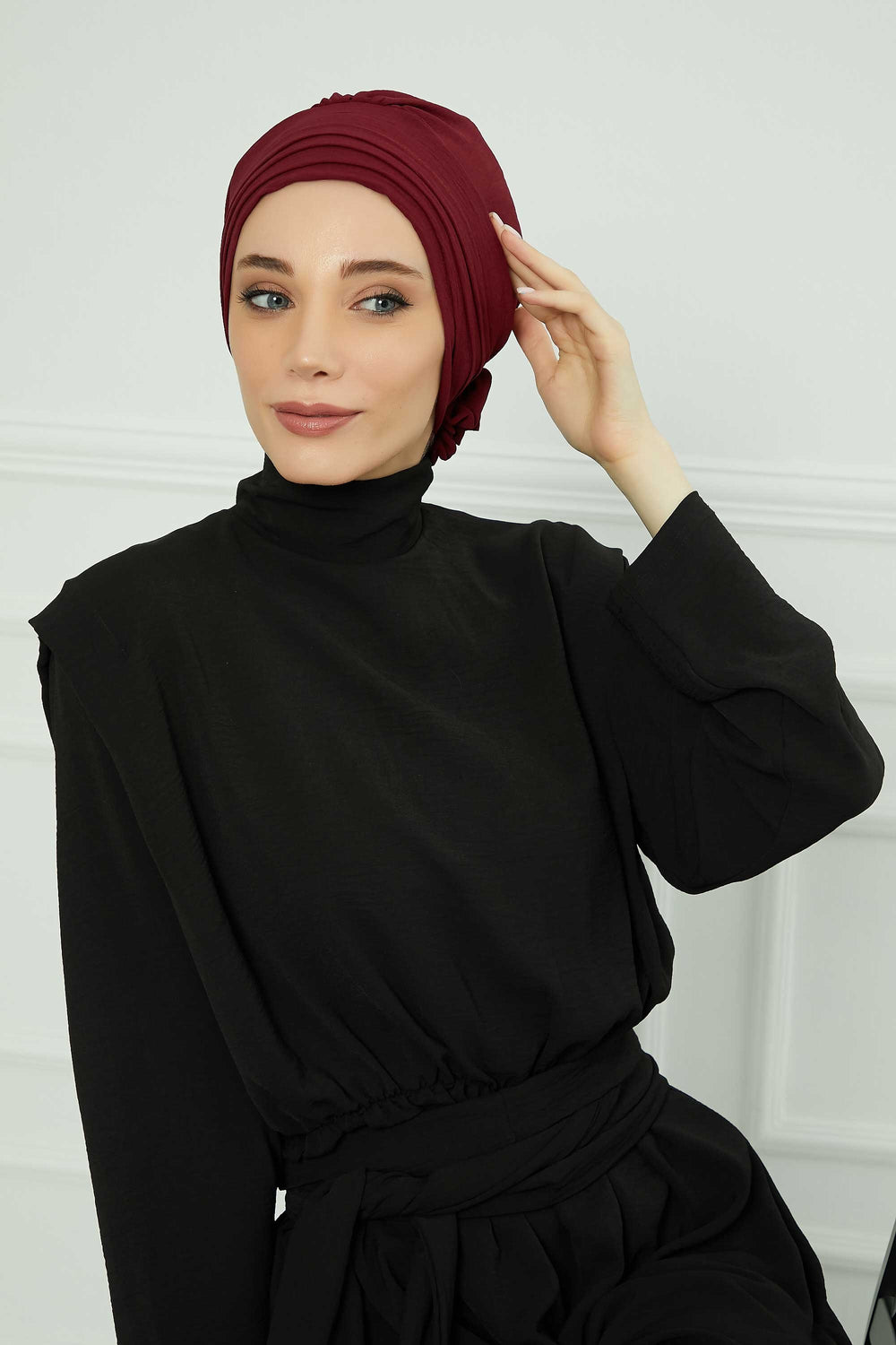Pleated Instant Turban made from High Quality Aerobin Fabric, Wrinkle-Resistant Stylish Turban Hijab, Easy Wrap Chemo Bonnet Headwear,B-74A Maroon