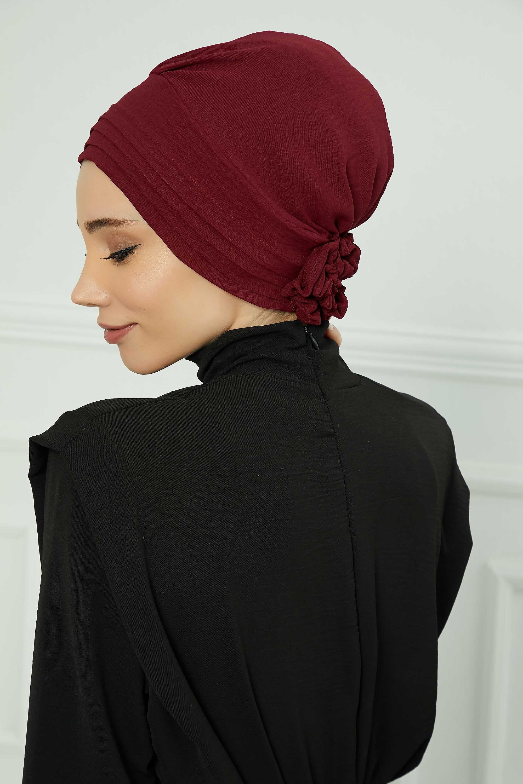 Pleated Instant Turban made from High Quality Aerobin Fabric, Wrinkle-Resistant Stylish Turban Hijab, Easy Wrap Chemo Bonnet Headwear,B-74A Maroon