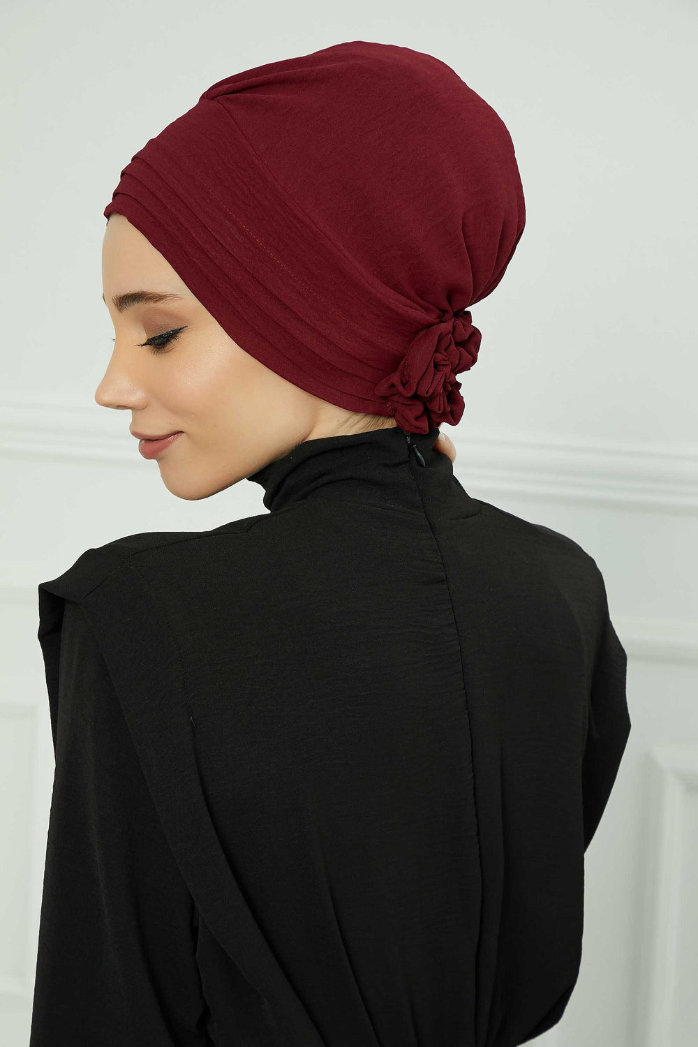 Pleated Instant Turban made from High Quality Aerobin Fabric, Wrinkle-Resistant Stylish Turban Hijab, Easy Wrap Chemo Bonnet Headwear,B-74A Maroon