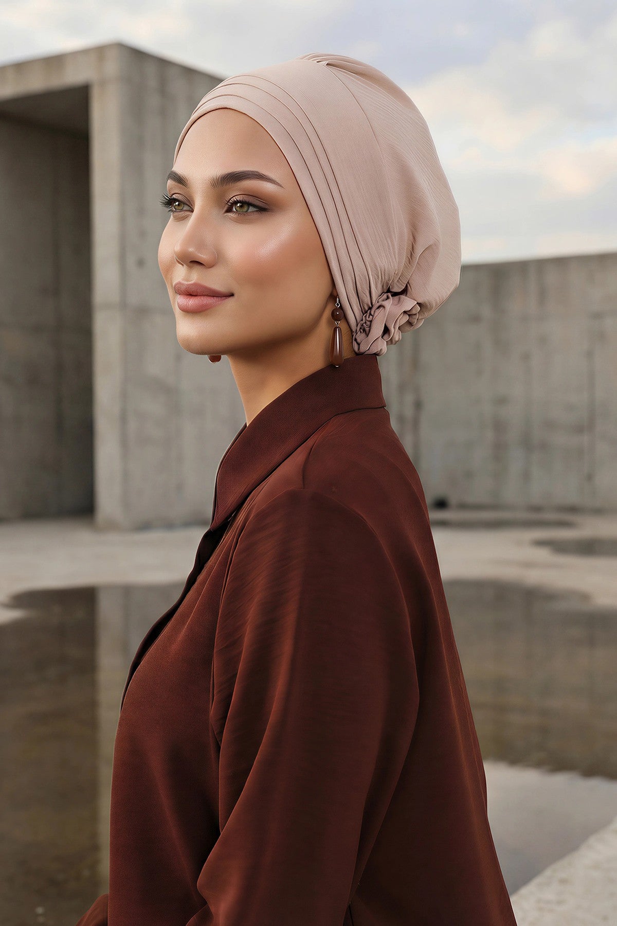 Pleated Instant Turban made from High Quality Aerobin Fabric, Wrinkle-Resistant Stylish Turban Hijab, Easy Wrap Chemo Bonnet Headwear,B-74A Stone