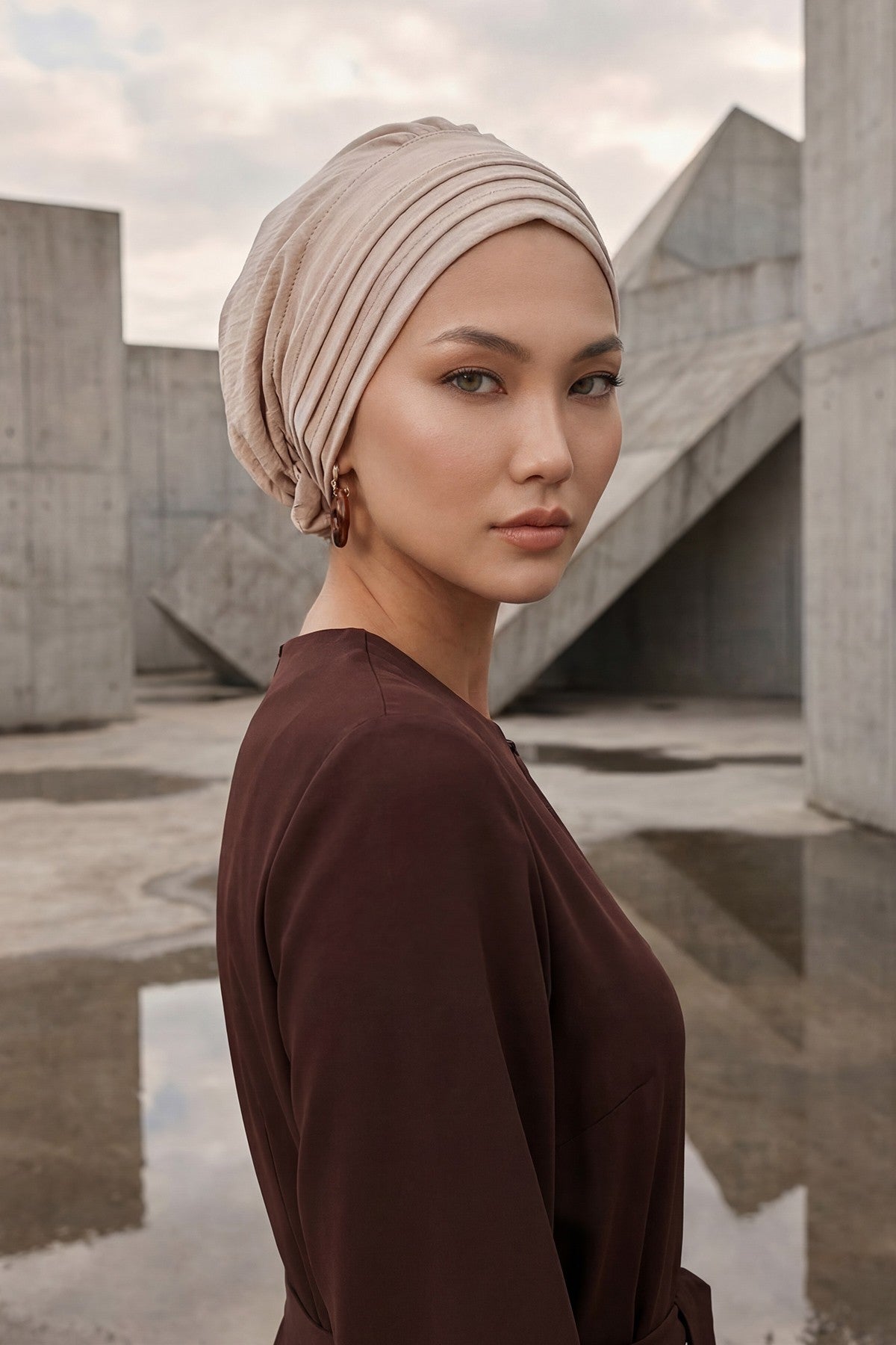 Pleated Instant Turban made from High Quality Aerobin Fabric, Wrinkle-Resistant Stylish Turban Hijab, Easy Wrap Chemo Bonnet Headwear,B-74A Stone
