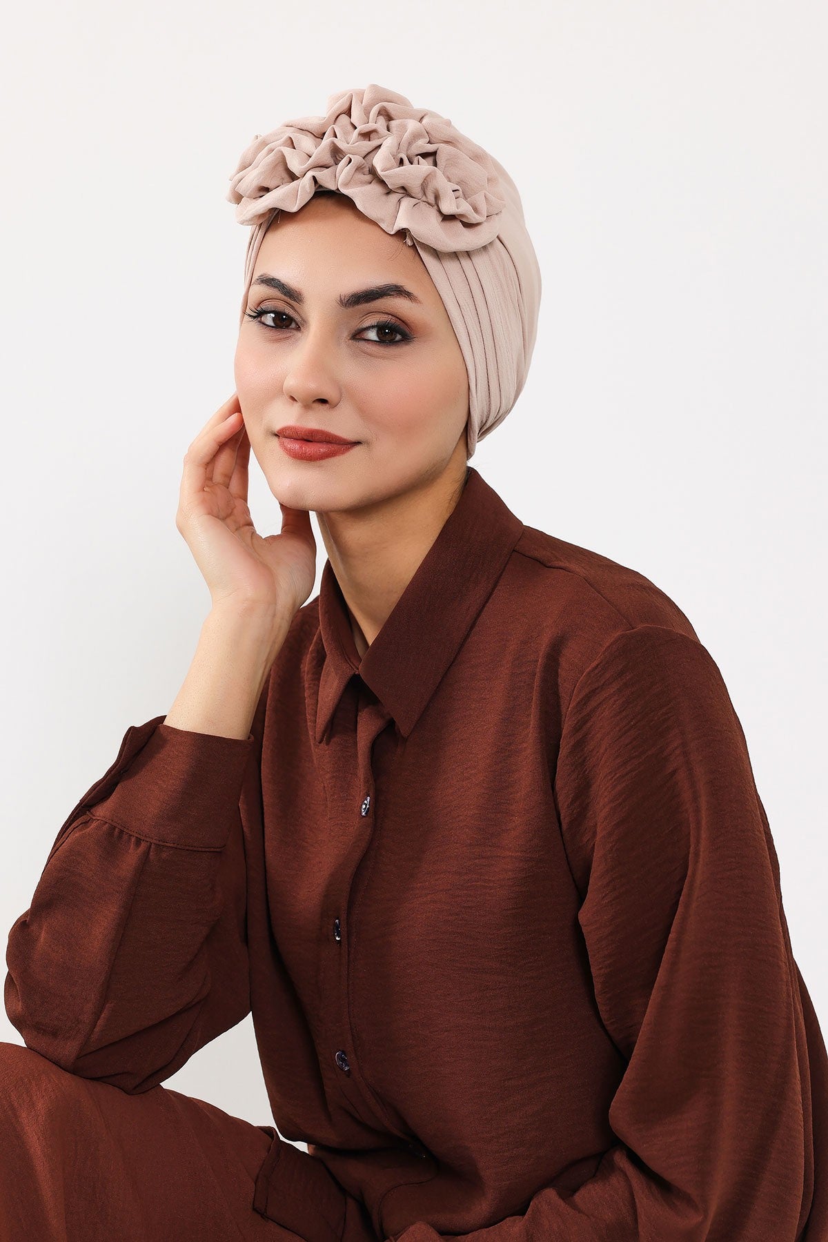 Pleated Instant Turban made from High Quality Aerobin Fabric, Wrinkle-Resistant Stylish Turban Hijab, Easy Wrap Chemo Bonnet Headwear,B-74A Stone