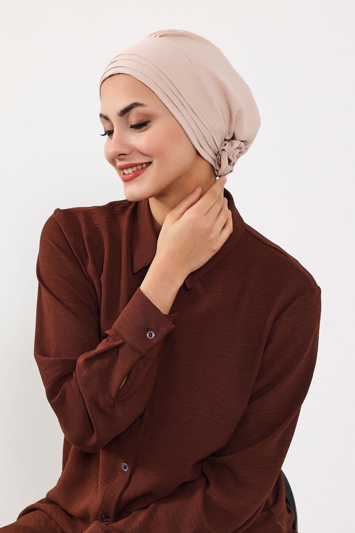 Pleated Instant Turban made from High Quality Aerobin Fabric, Wrinkle-Resistant Stylish Turban Hijab, Easy Wrap Chemo Bonnet Headwear,B-74A Stone