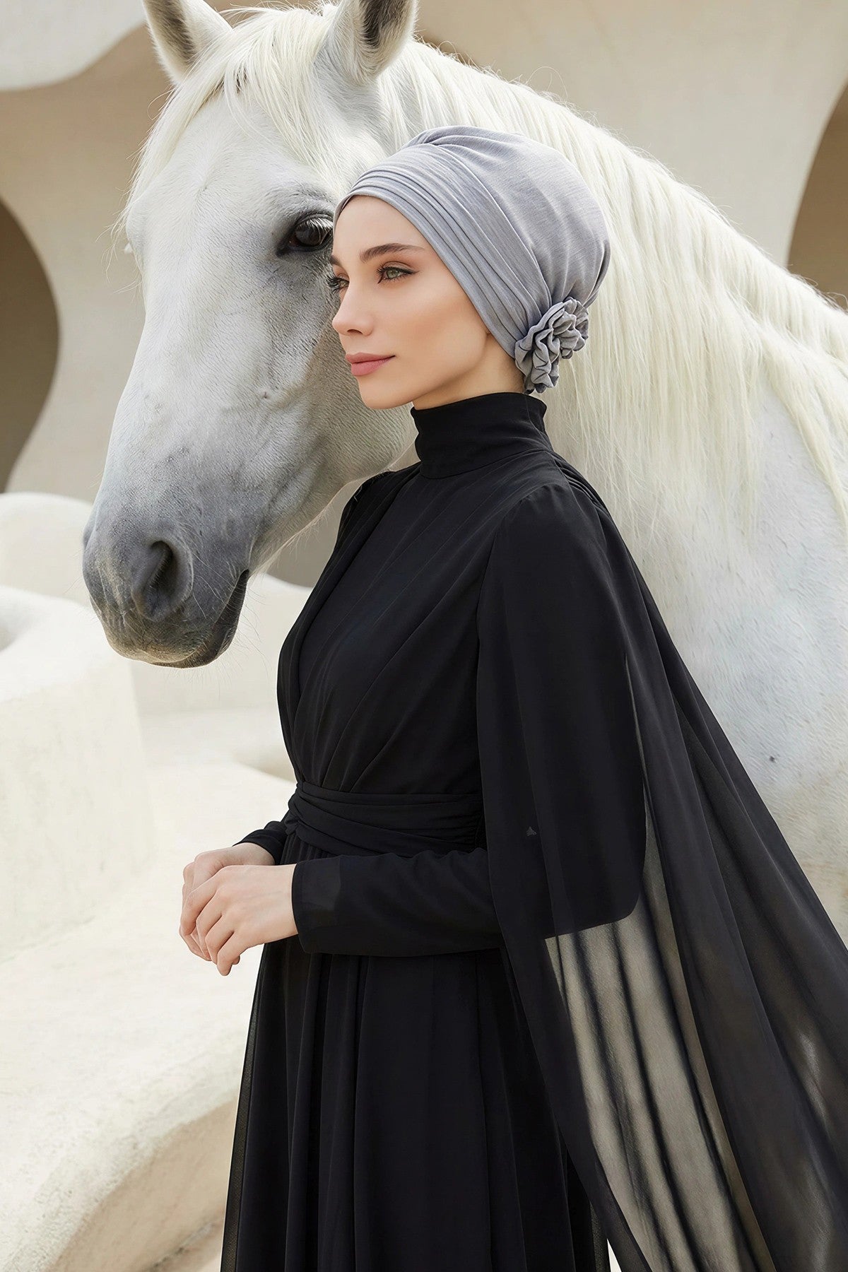 Pleated Instant Turban made from High Quality Aerobin Fabric, Wrinkle-Resistant Stylish Turban Hijab, Easy Wrap Chemo Bonnet Headwear,B-74A Light Grey