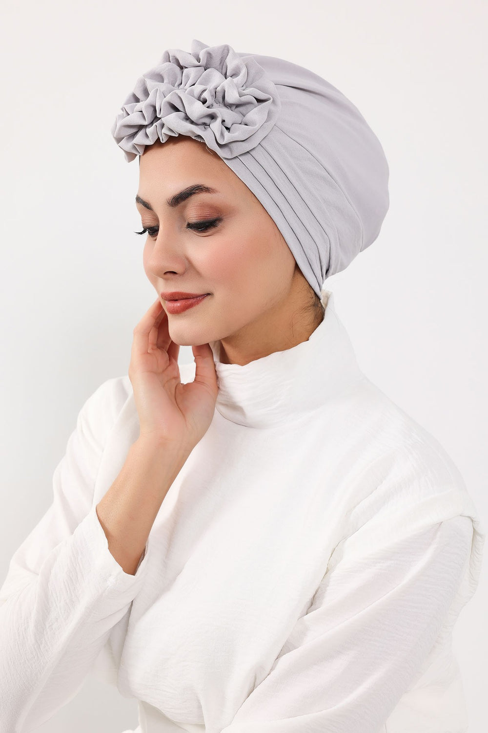 Pleated Instant Turban made from High Quality Aerobin Fabric, Wrinkle-Resistant Stylish Turban Hijab, Easy Wrap Chemo Bonnet Headwear,B-74A Light Grey