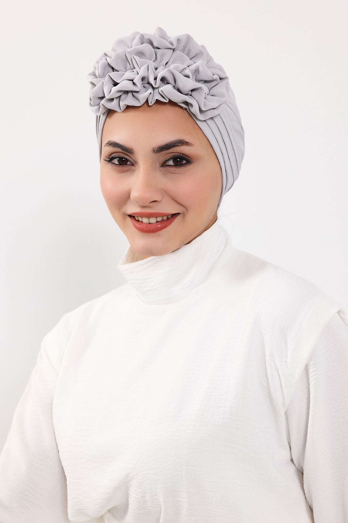 Pleated Instant Turban made from High Quality Aerobin Fabric, Wrinkle-Resistant Stylish Turban Hijab, Easy Wrap Chemo Bonnet Headwear,B-74A Light Grey