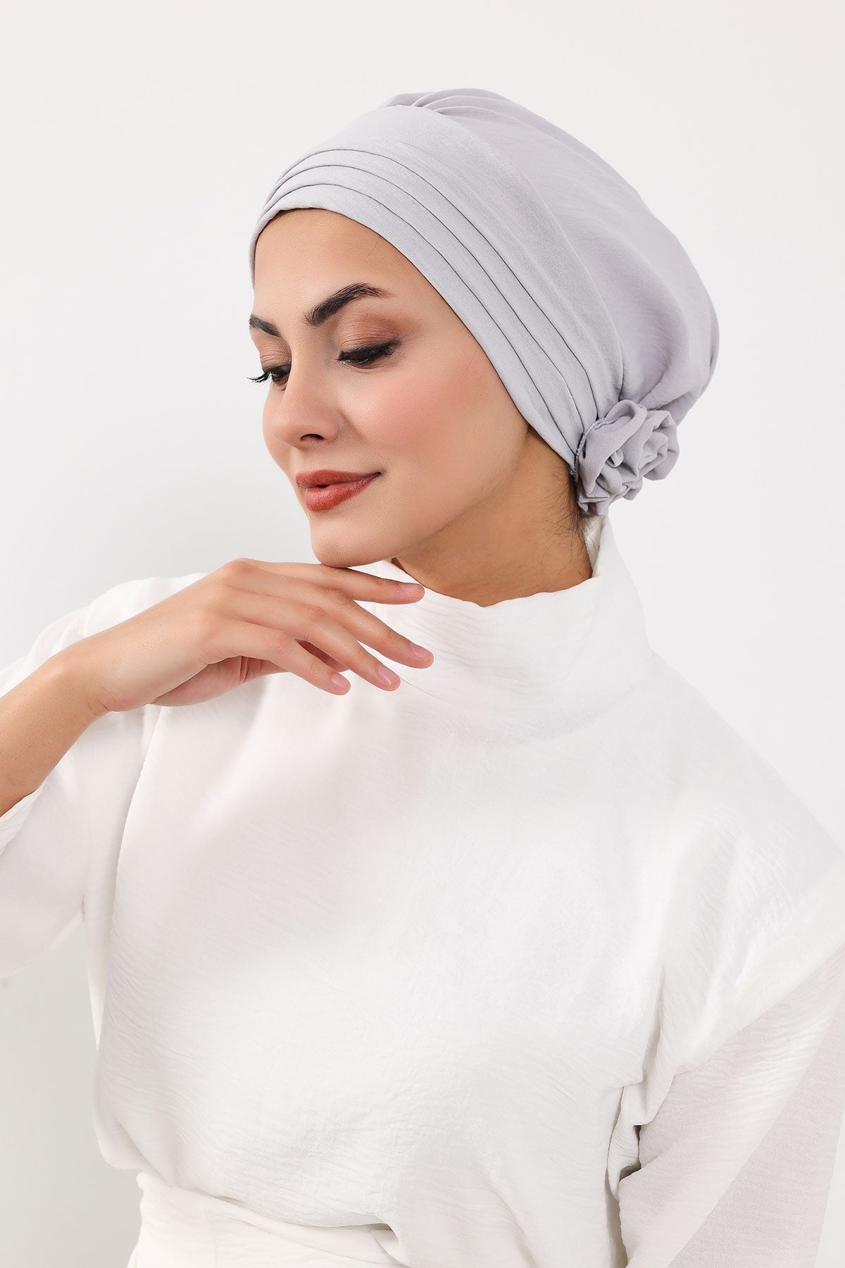 Pleated Instant Turban made from High Quality Aerobin Fabric, Wrinkle-Resistant Stylish Turban Hijab, Easy Wrap Chemo Bonnet Headwear,B-74A Light Grey
