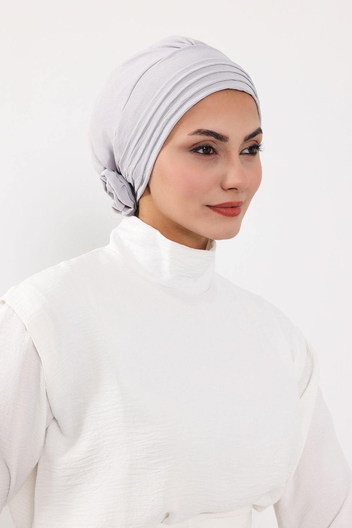 Pleated Instant Turban made from High Quality Aerobin Fabric, Wrinkle-Resistant Stylish Turban Hijab, Easy Wrap Chemo Bonnet Headwear,B-74A Light Grey