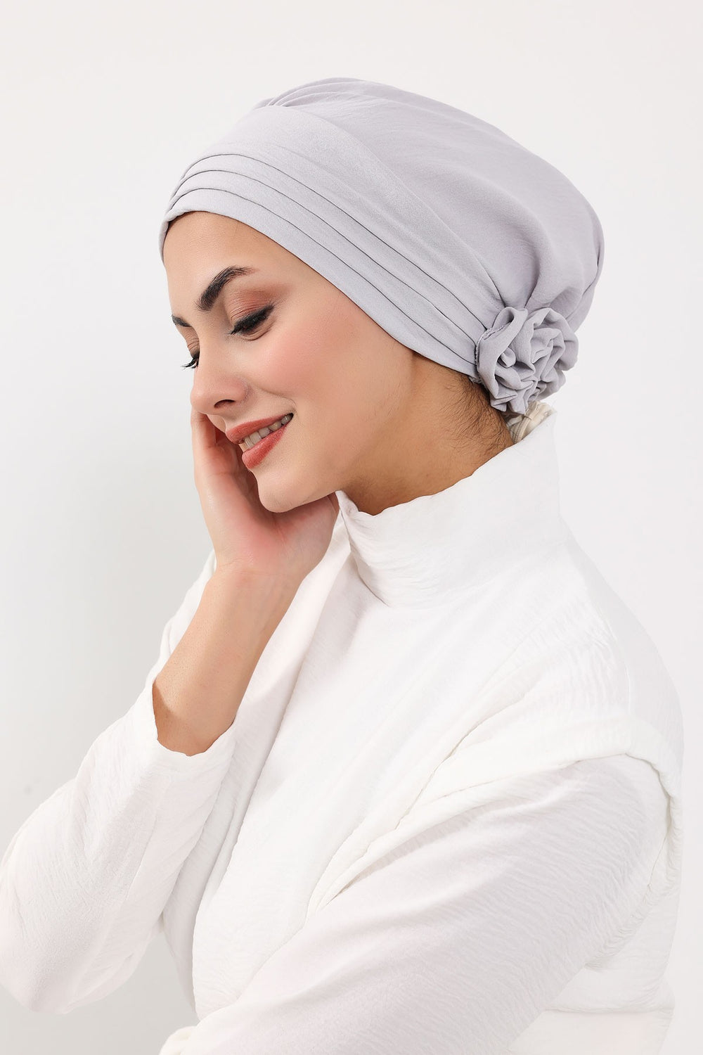 Pleated Instant Turban made from High Quality Aerobin Fabric, Wrinkle-Resistant Stylish Turban Hijab, Easy Wrap Chemo Bonnet Headwear,B-74A Light Grey