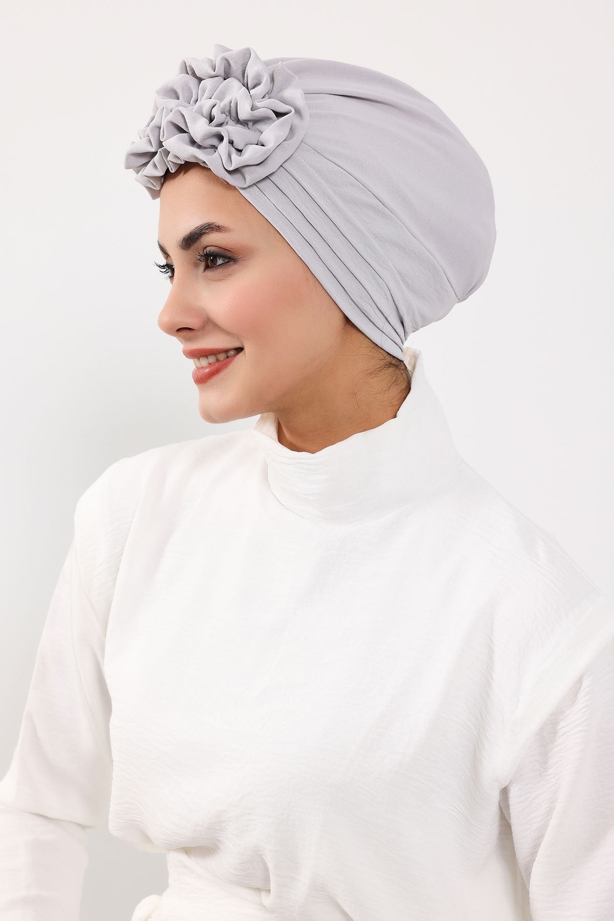 Pleated Instant Turban made from High Quality Aerobin Fabric, Wrinkle-Resistant Stylish Turban Hijab, Easy Wrap Chemo Bonnet Headwear,B-74A Light Grey