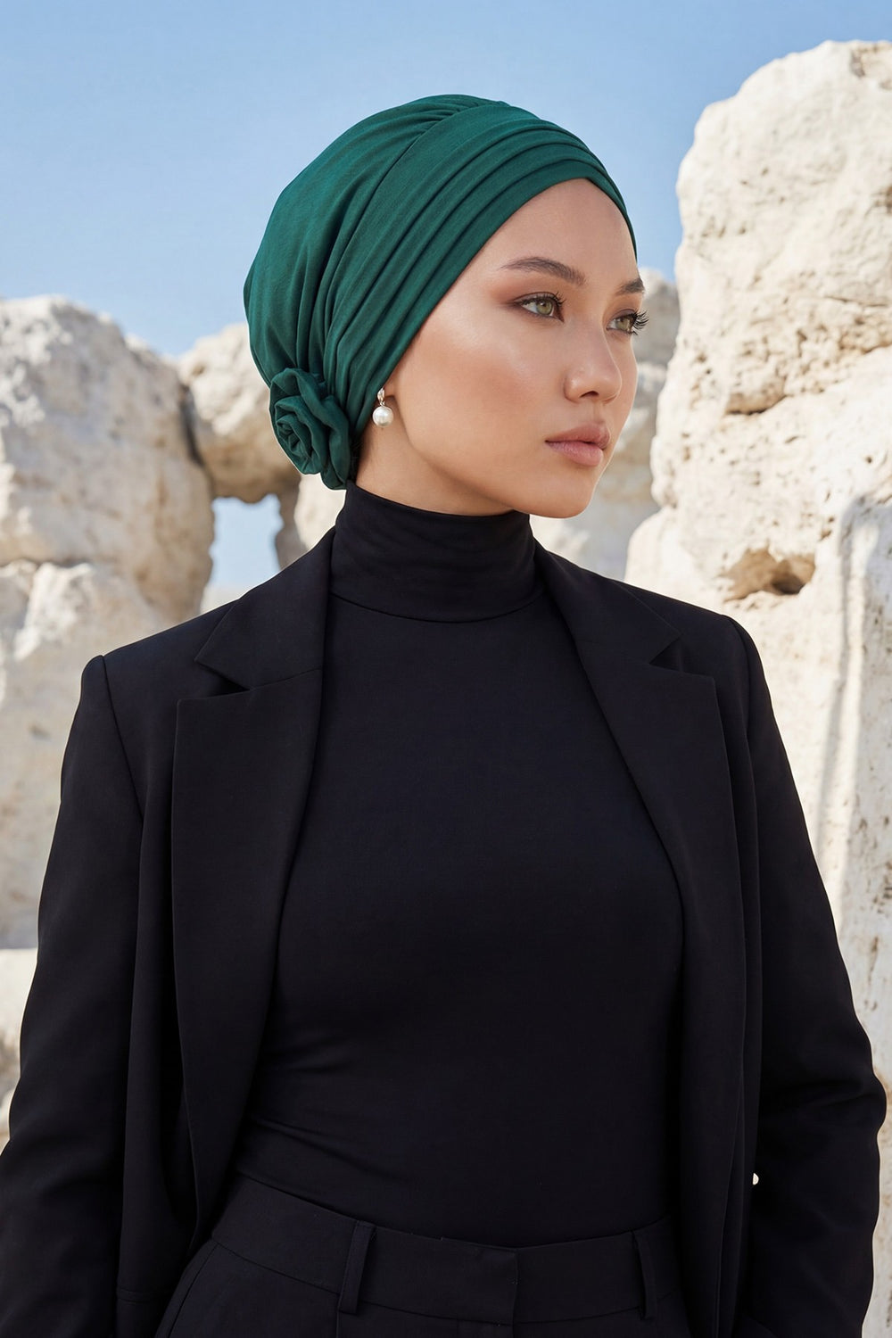 Pleated Instant Turban made from High Quality Aerobin Fabric, Wrinkle-Resistant Stylish Turban Hijab, Easy Wrap Chemo Bonnet Headwear,B-74A Dark Green