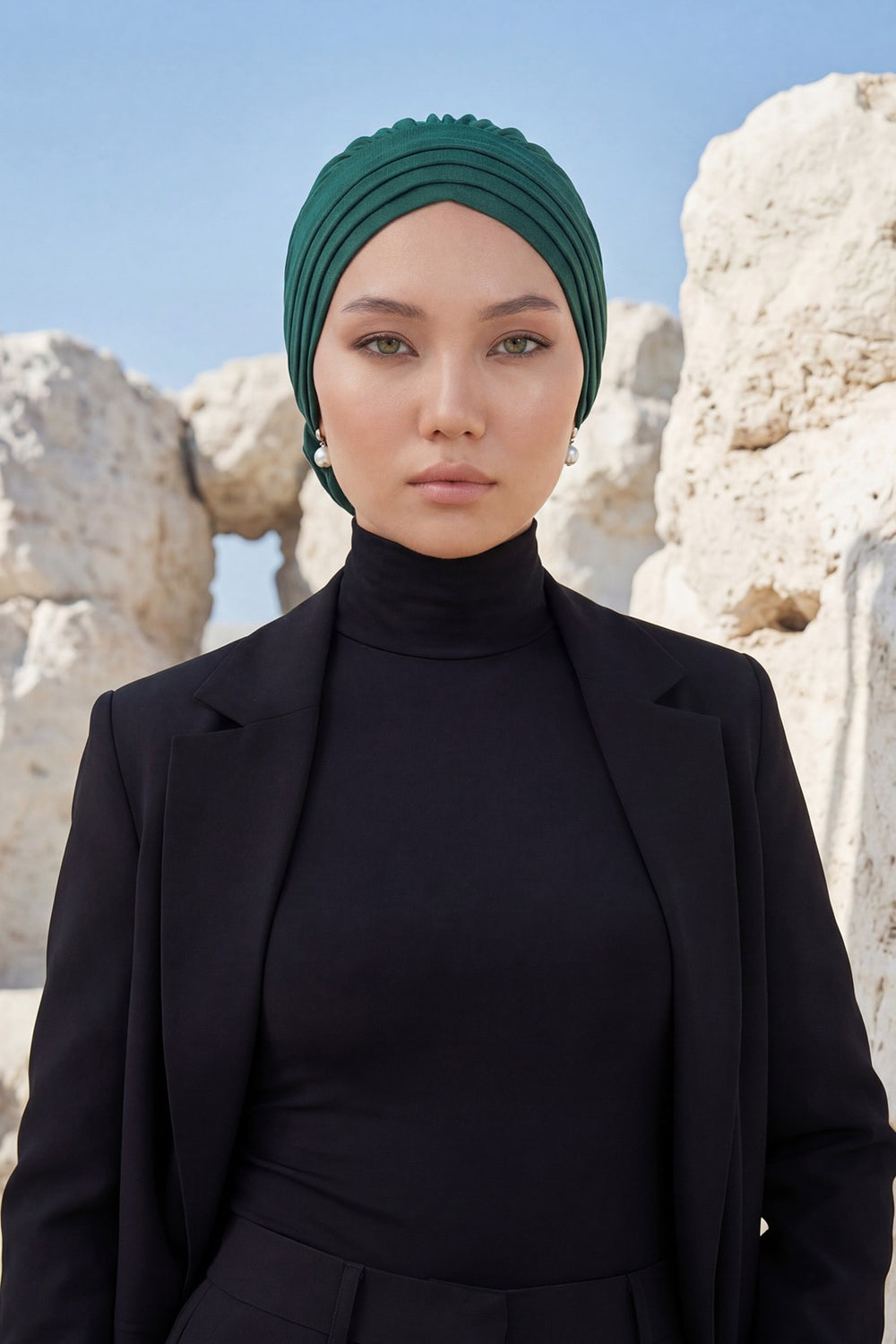 Pleated Instant Turban made from High Quality Aerobin Fabric, Wrinkle-Resistant Stylish Turban Hijab, Easy Wrap Chemo Bonnet Headwear,B-74A Dark Green