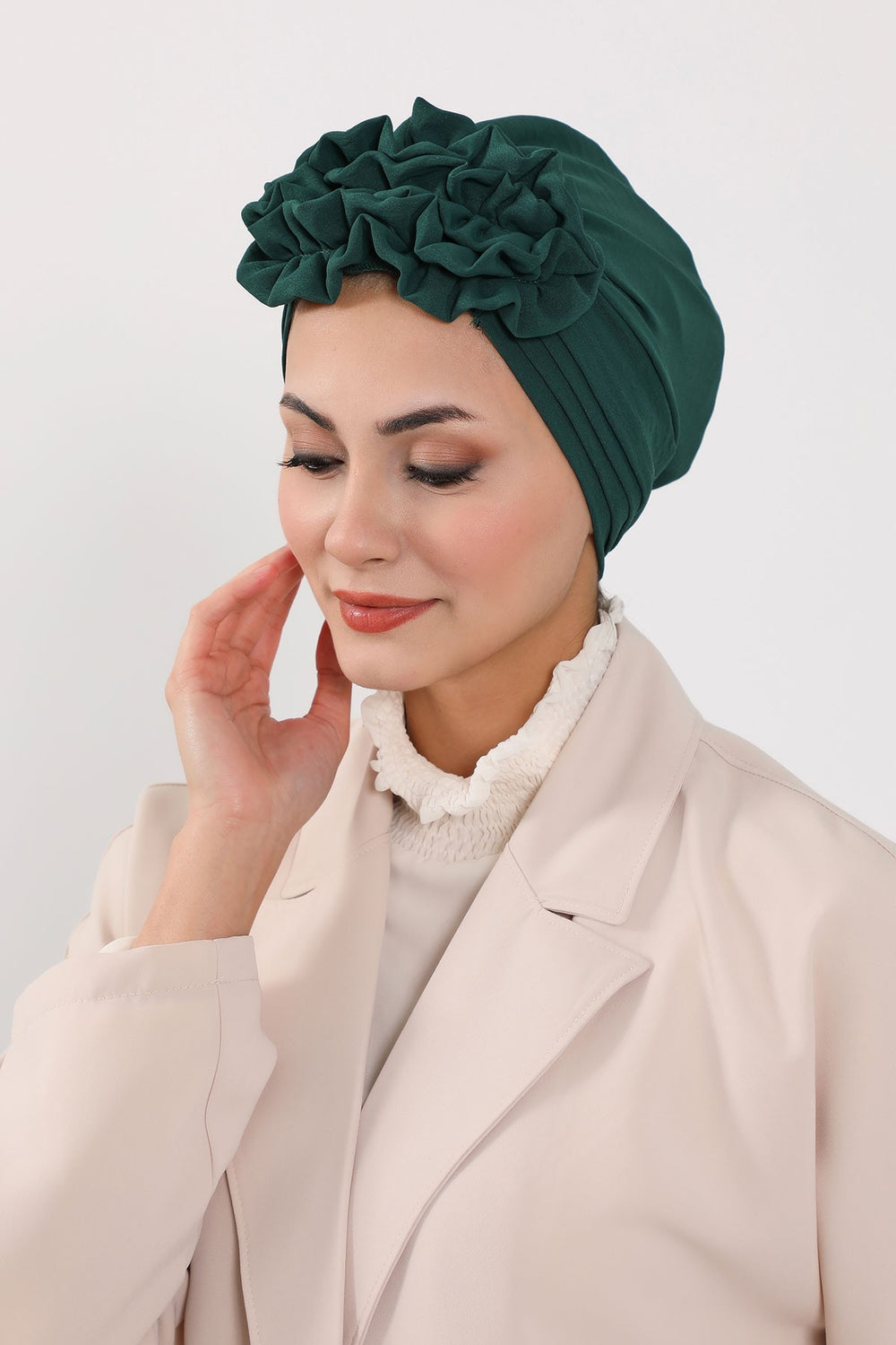 Pleated Instant Turban made from High Quality Aerobin Fabric, Wrinkle-Resistant Stylish Turban Hijab, Easy Wrap Chemo Bonnet Headwear,B-74A Dark Green