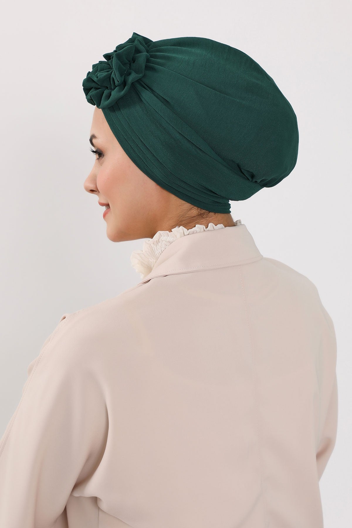 Pleated Instant Turban made from High Quality Aerobin Fabric, Wrinkle-Resistant Stylish Turban Hijab, Easy Wrap Chemo Bonnet Headwear,B-74A Dark Green