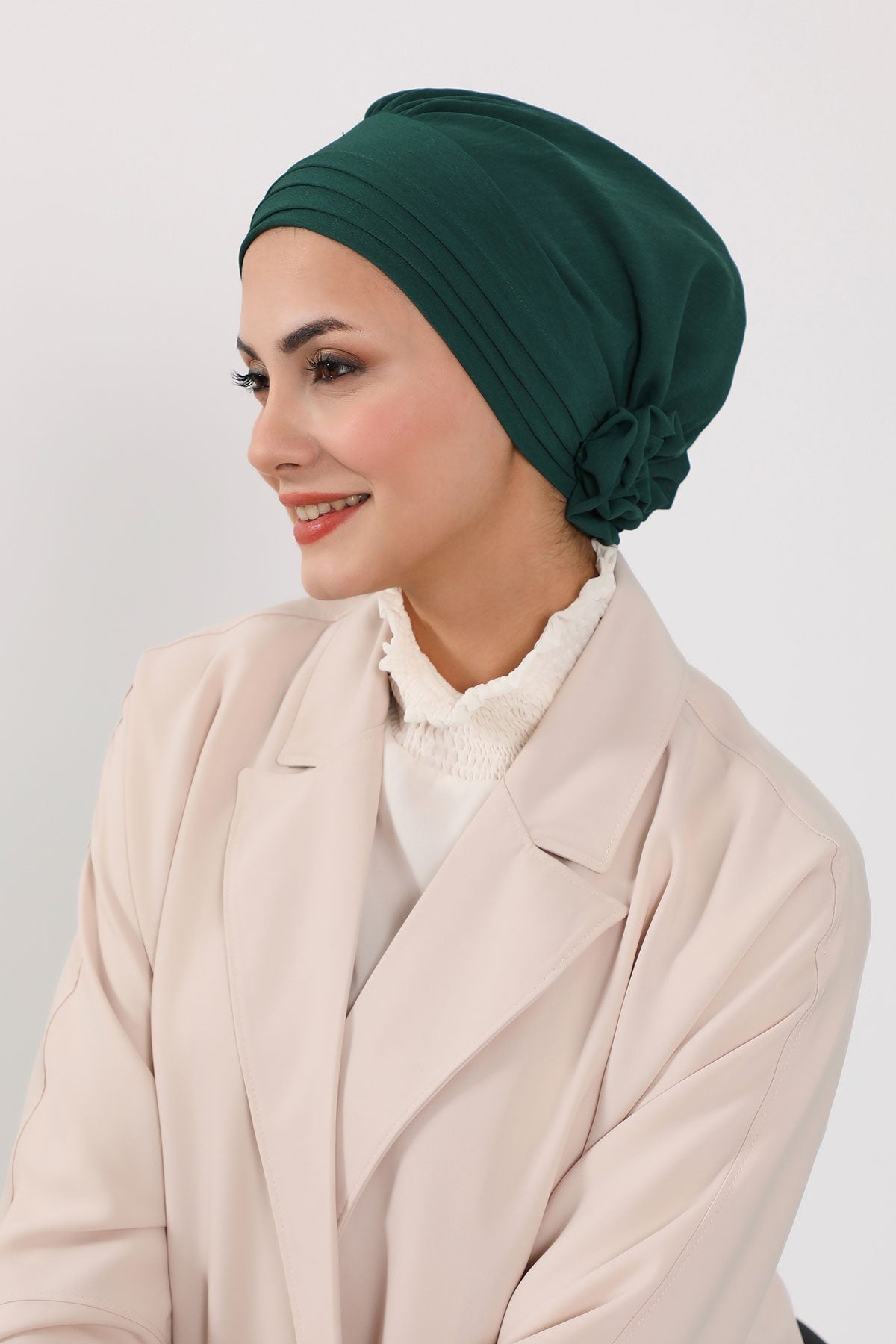 Pleated Instant Turban made from High Quality Aerobin Fabric, Wrinkle-Resistant Stylish Turban Hijab, Easy Wrap Chemo Bonnet Headwear,B-74A Dark Green